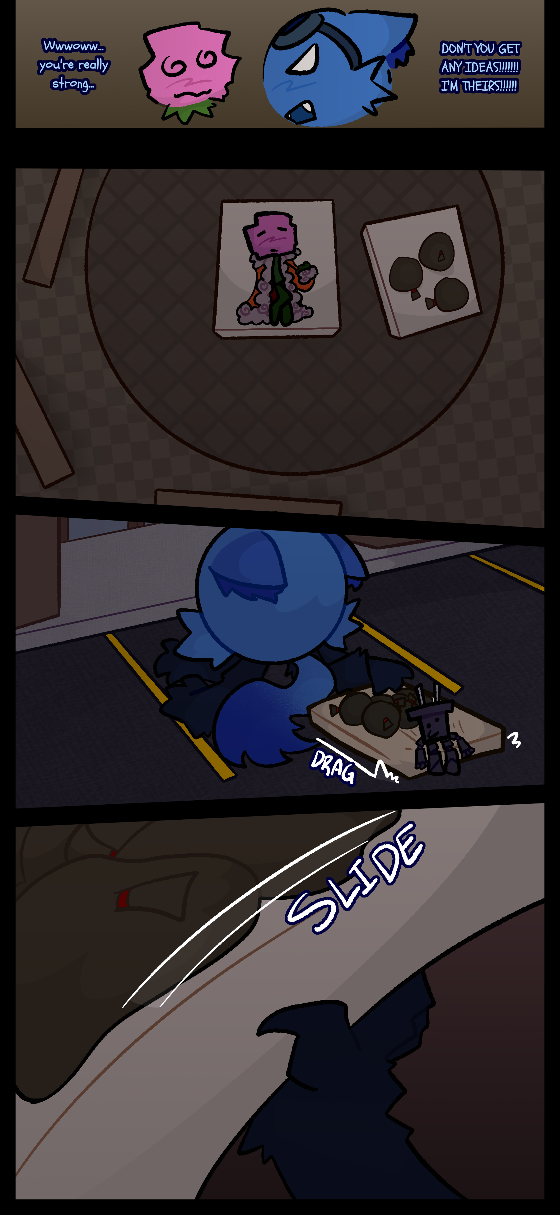 Minerva mutters "Wwwoww... you're really strong..." Blaire shouts "DON'T YOU GET ANY IDEAS!!! I'M THEIRS!!!" That night Minerva is seen laying on a mattress in the store. Blaire is dragging a mattress with several bags and Pepper on it. She picks up the mattress and the bags slide on it.