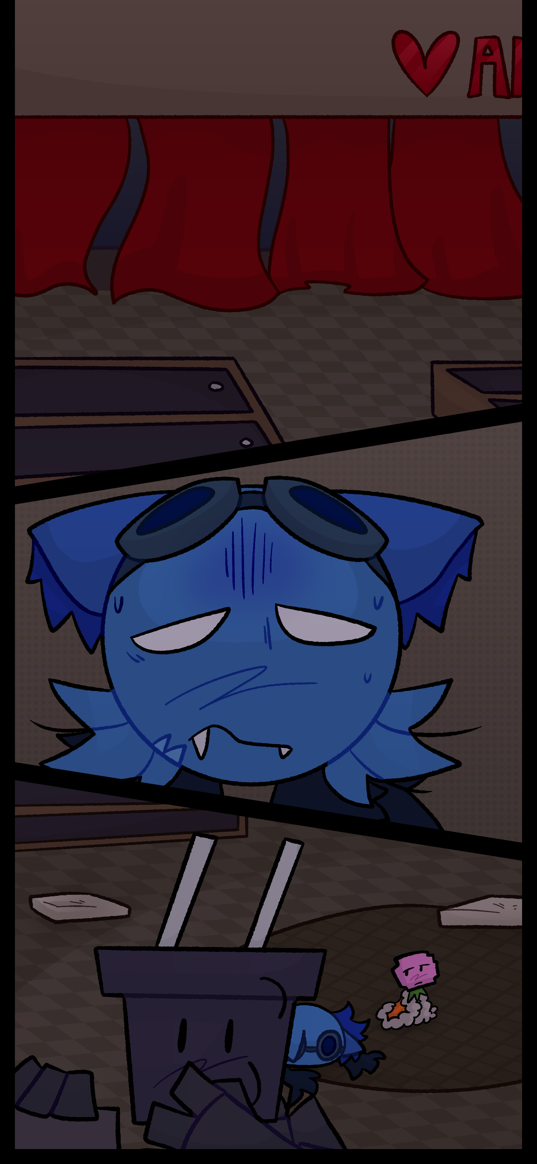 Soon all the windows are covered with blankets, like curtains. Blaire tired faceplants on the ground. Pepper climbs up somewhere and Minerva looks towards them.