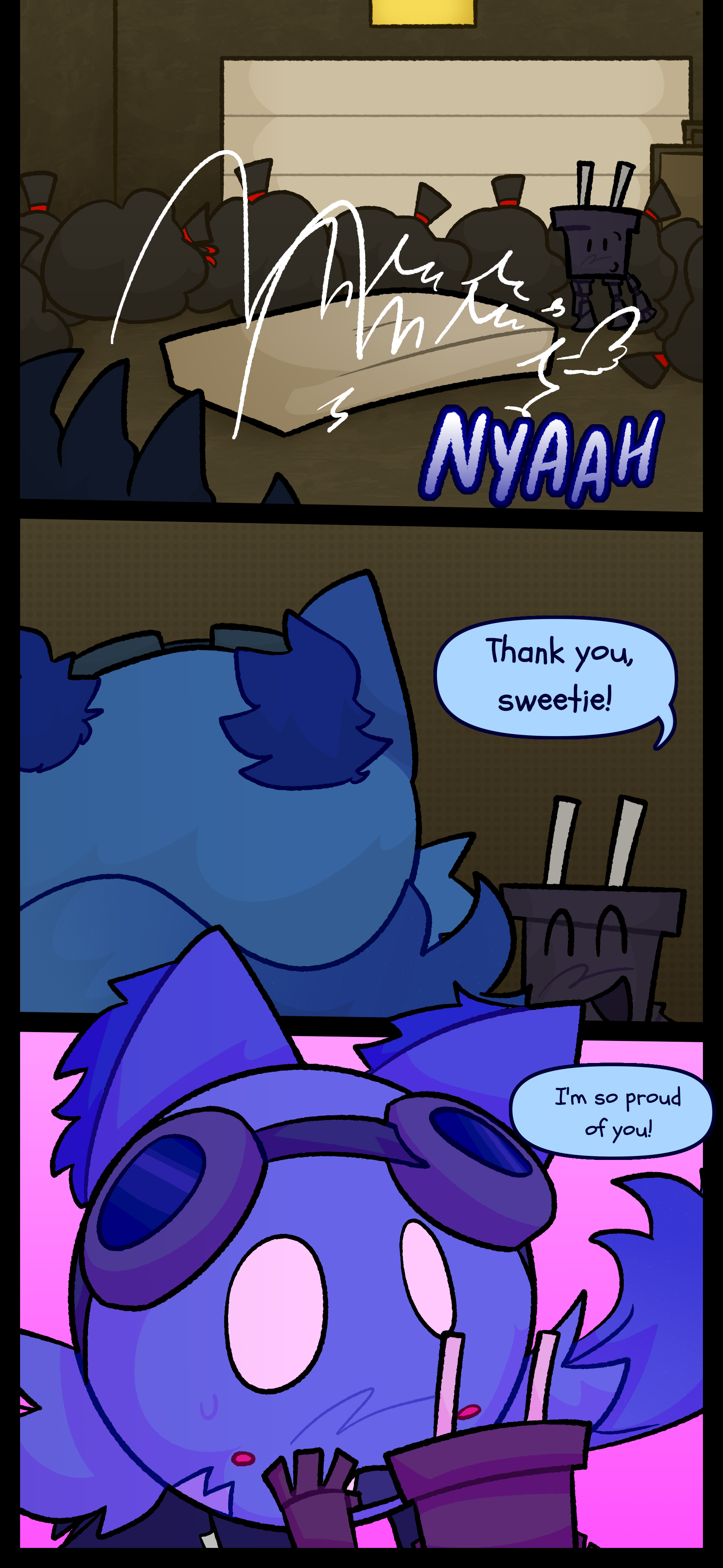 Blaire slams down a mattress with a grunt. Pepper says "Thank you sweetie! I'm so proud of you!" They lean in for a kiss and Blaire blushes.