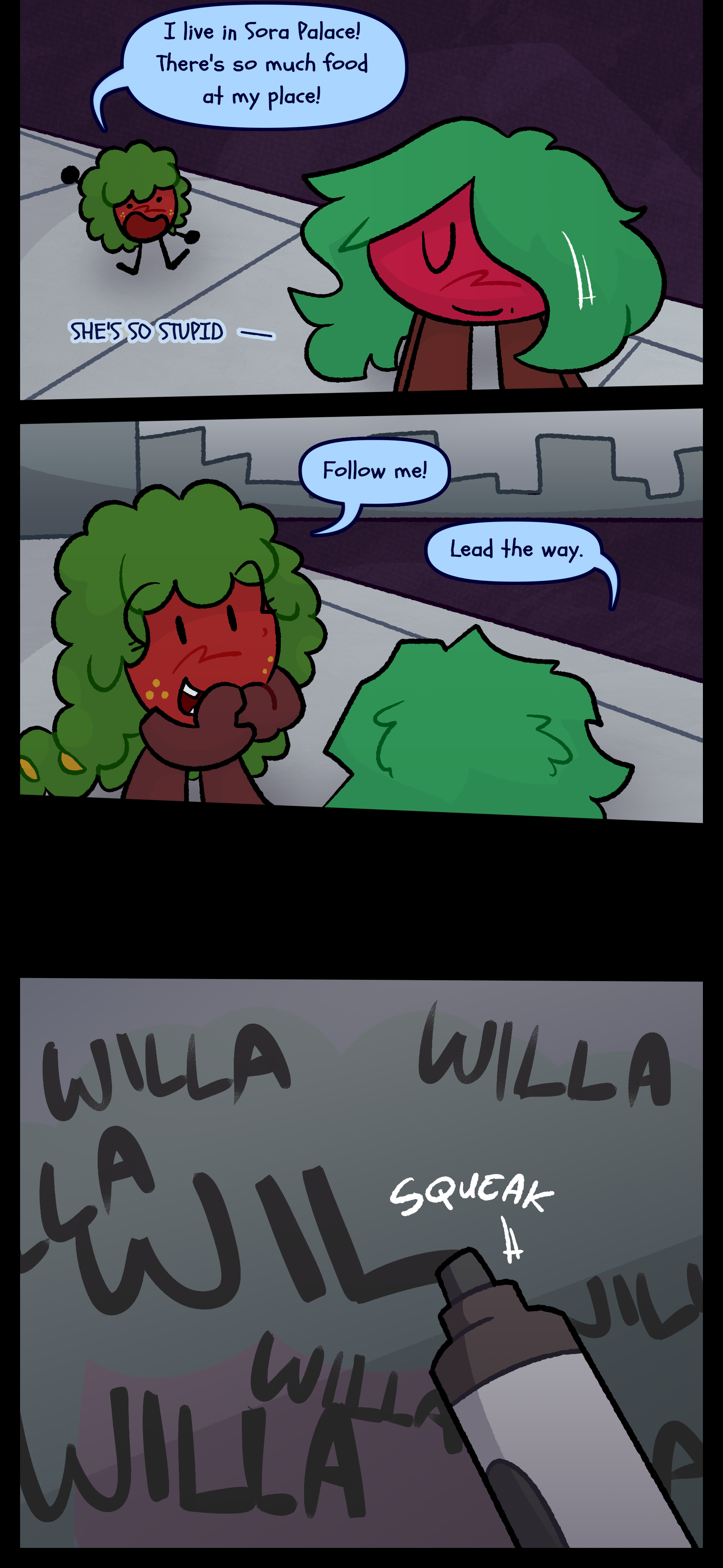Gloomy exclaims "I live in Sora Palace! There's so much food at my place!" Grinning to herself Kate thinks "SHE'S SO STUPID." Gloomy says "Follow me!" and Kate says "Lead the way." Later, a marker can be seen writing "Willa" over and over on a mirror.