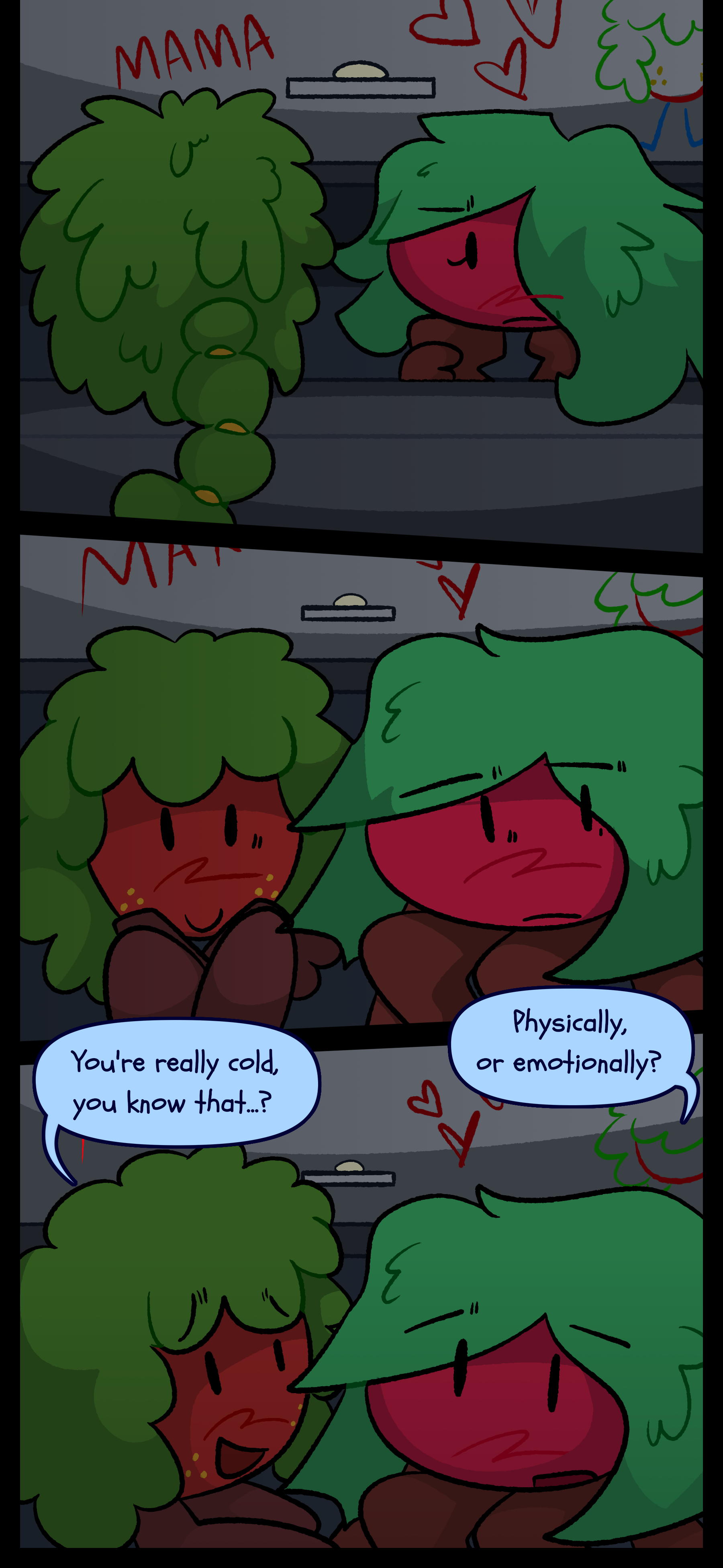 Gloomy steps into the bath with Kate and sits down with a smile. He says to her "You're really cold you know that?" She responds "Physically or emotionally?"