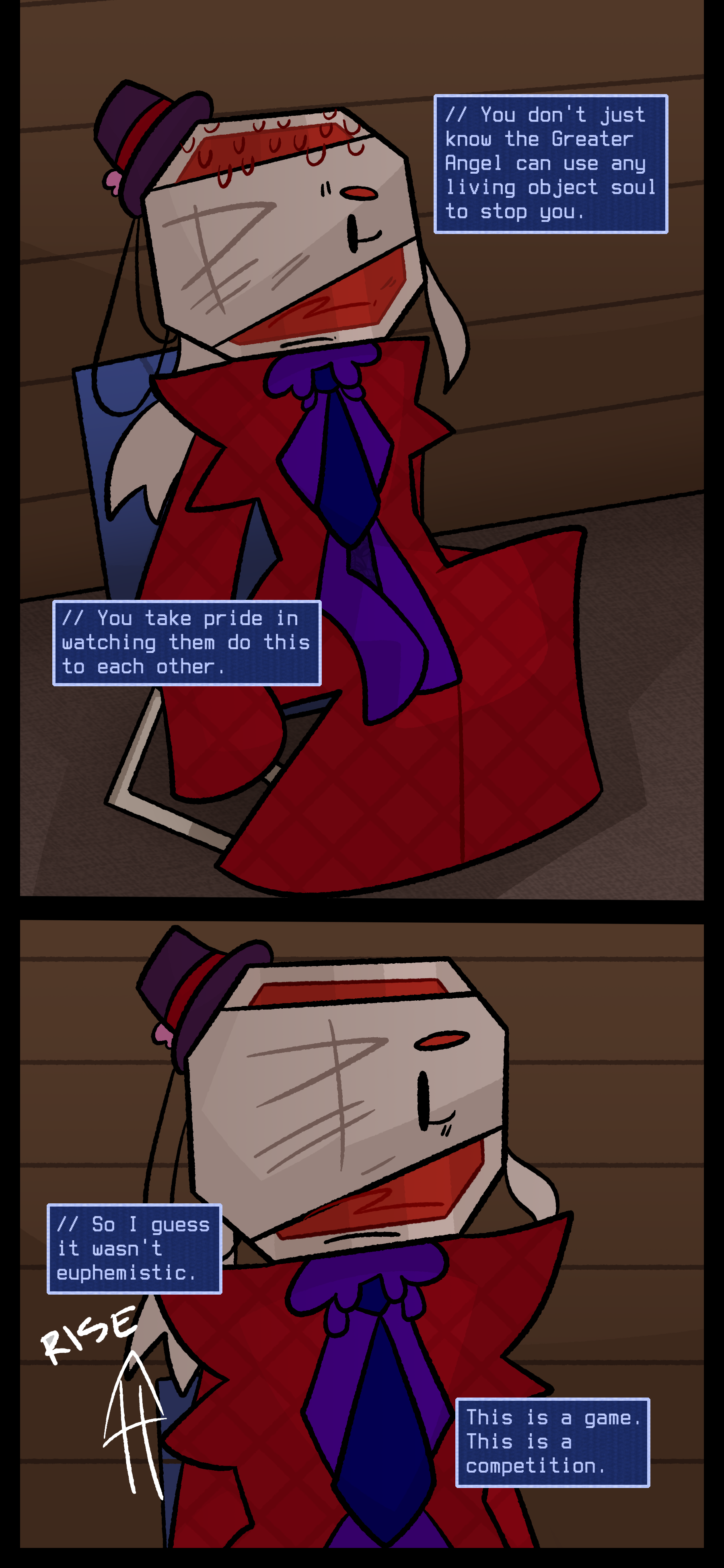 Lyra sitting down in a chair begins to sweat. "You don't just know the Greater Angel can use any living object soul to stop you. You take pride in watching them do this to each other. So I guess it wasn't euphemistic. This is a game. This is a competition." Lyra rises from the chair. Lyra sitting down in a chair begins to sweat. "You don't just know the Greater Angel can use any living object soul to stop you. You take pride in watching them do this to each other. So I guess it wasn't euphemistic. This is a game. This is a competition." Lyra rises from the chair.