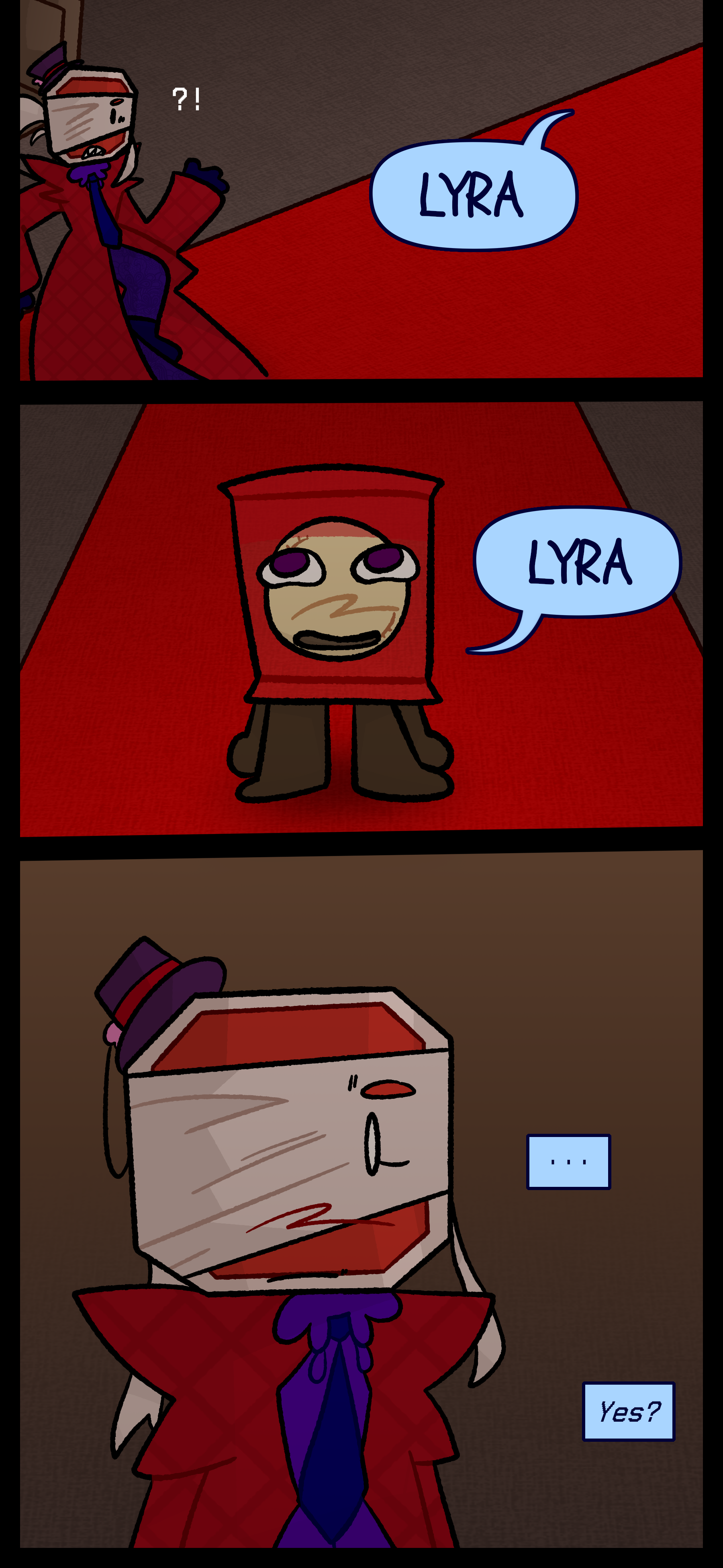 A voice loudly calls out "LYRA. LYRA." A packaged sandwich object stands in the aisle along the pews. Lyra hesitantly responds "Yes?" A voice loudly calls out "LYRA. LYRA." A packaged sandwich object stands in the aisle along the pews. Lyra hesitantly responds "Yes?"