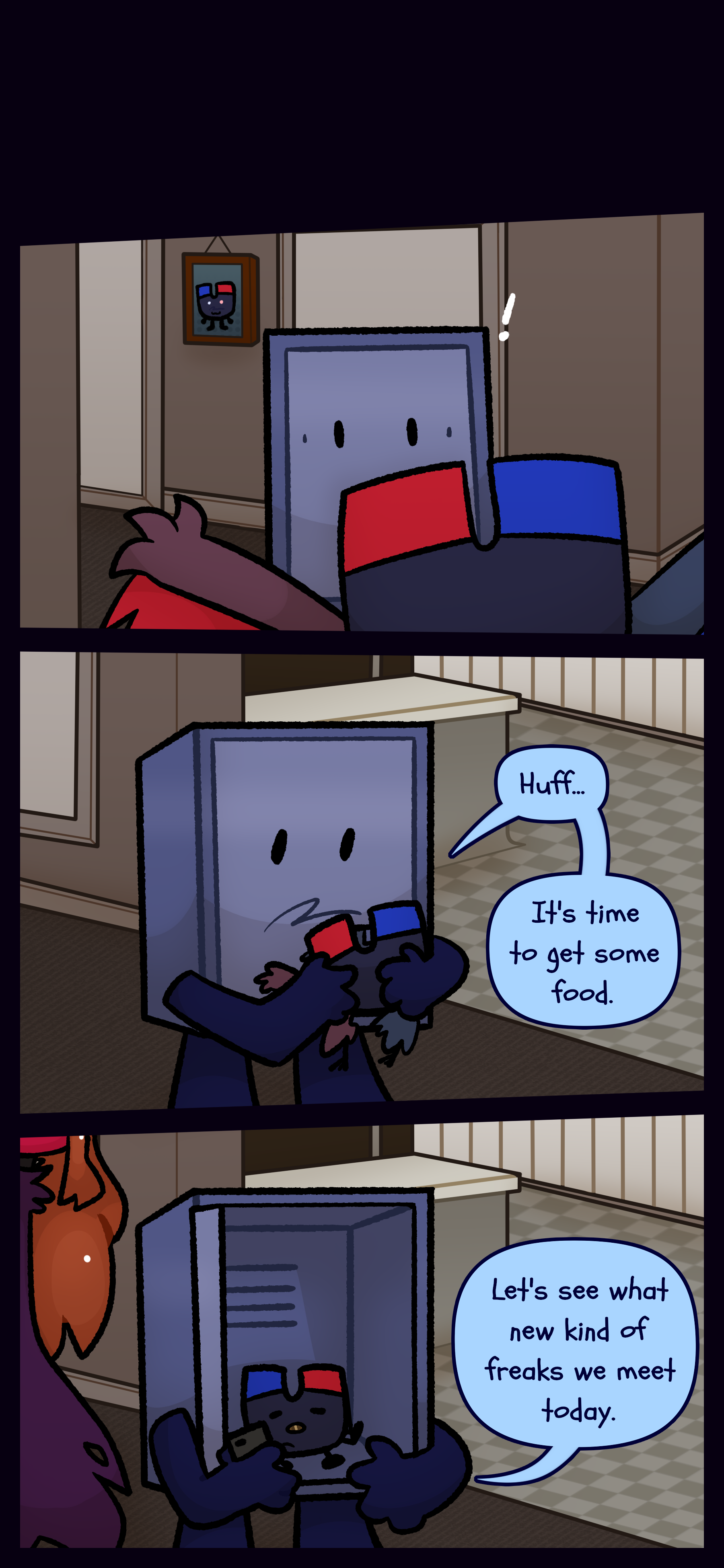 Later Keiji can be seen running around. She jumps into his arms to hide inside him. As Esme approaches from behind he says "Huff... It's time to get some food. Let's see what new kind of freaks we meet today."