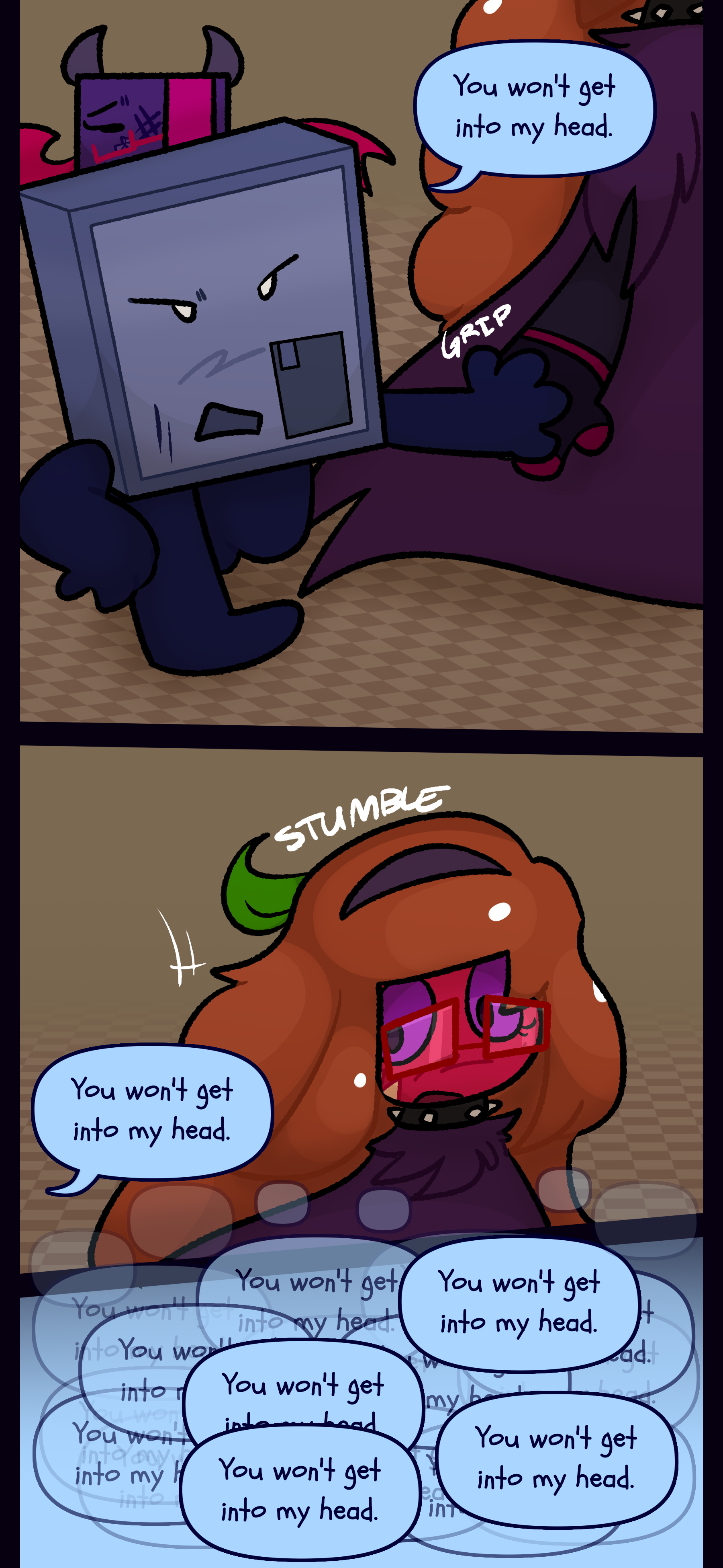 Montag takes Esme's hand and says "You won't get into my head" as they walk away. His words echo in his head.