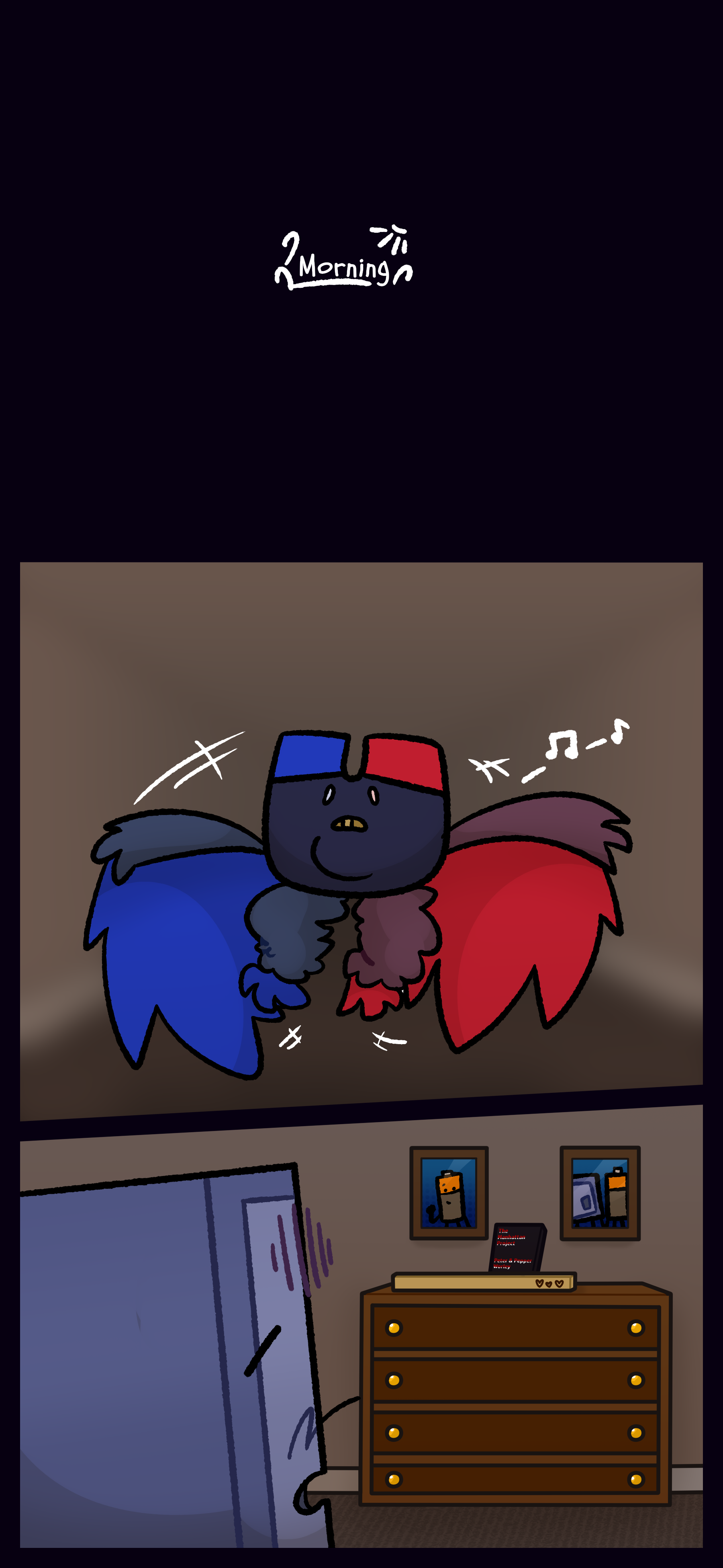 The next morning, Keiji is seen singing and running about. Montag tired stares around his room where pictures of Peter are able to be seen.