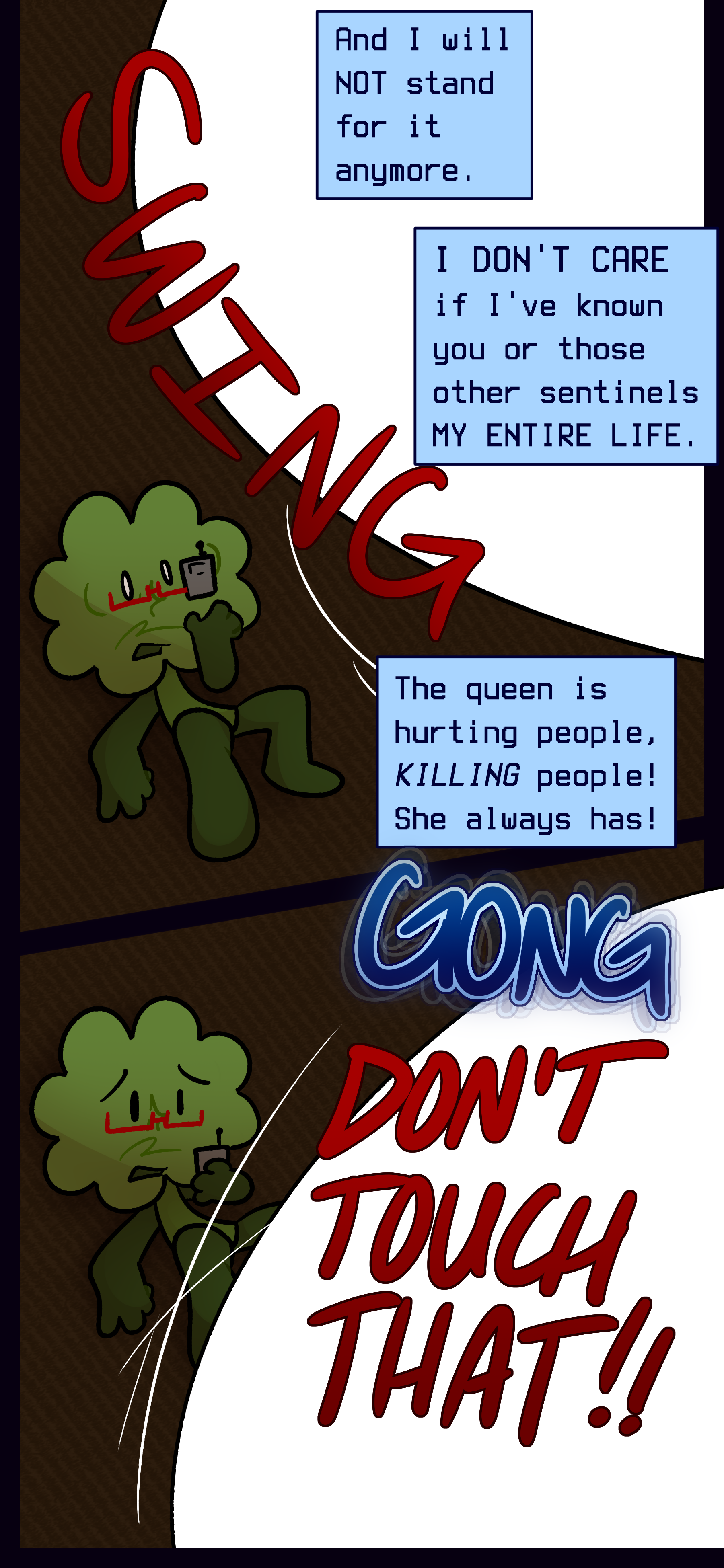 Gale continues "Please... I do not want to hurt people, but it is my job. If you try to hurt me, I will be forced to carry this burden. I don't want this to be how it ends. We trained together your whole childhood-" Lyra shoves him down and yells "You know THAT'S BULLSHIT! 'HURT PEOPLE?!' YOU DON'T FALL INTO HER 'SECOND-IN-COMMAND' ASSASSIN CLIQUE BY ACCIDENT, GALE! YOU VERMIN THRIVE ON HURTING PEOPLE, THE INNOCENT-" Lyra raises her blade as the bell tolls.