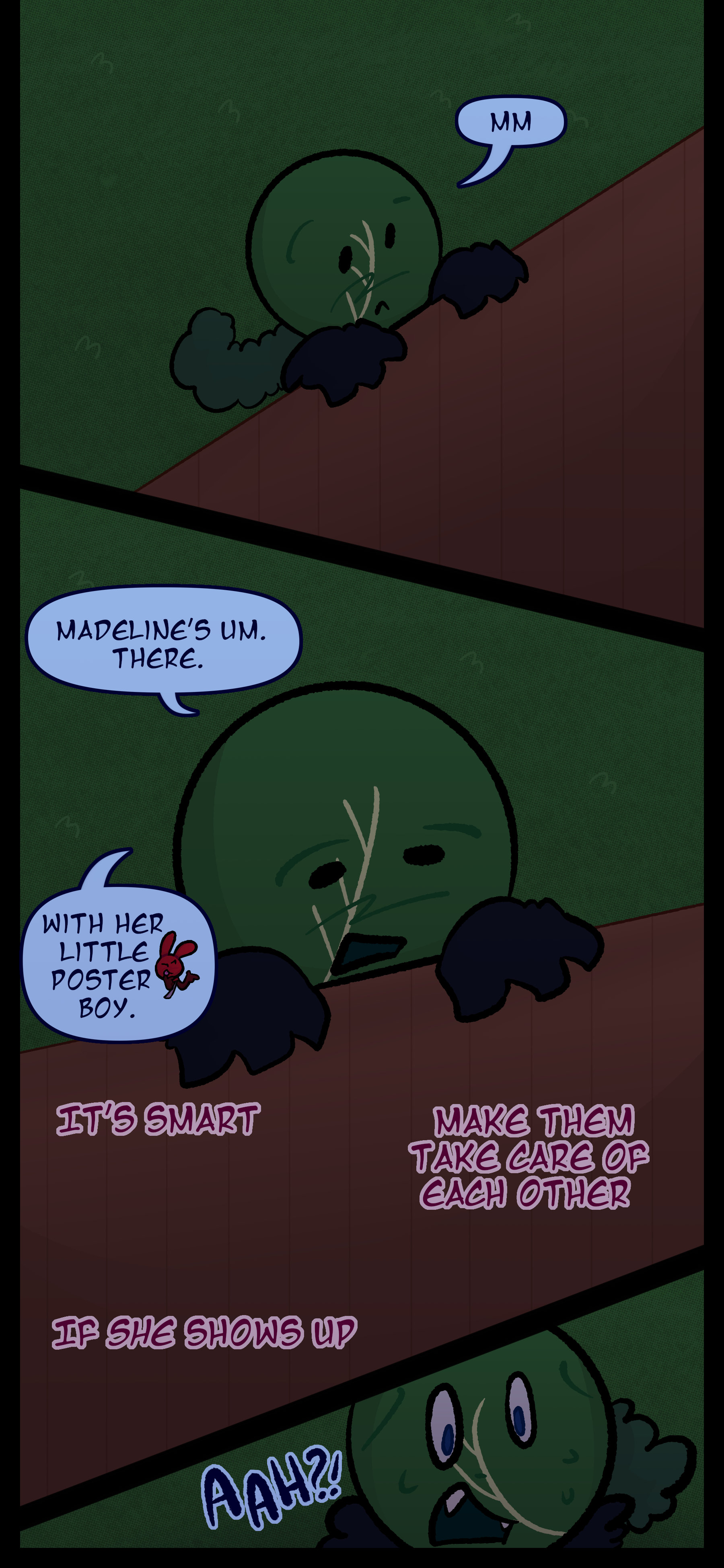 Monroe climbs up the fence and peers over remarking "Madeline's uh there. With her little poster child. Monroe hears Caine saying "It's smart... Make them take care of each other... If she shows up..." Monroe has a face of shock.