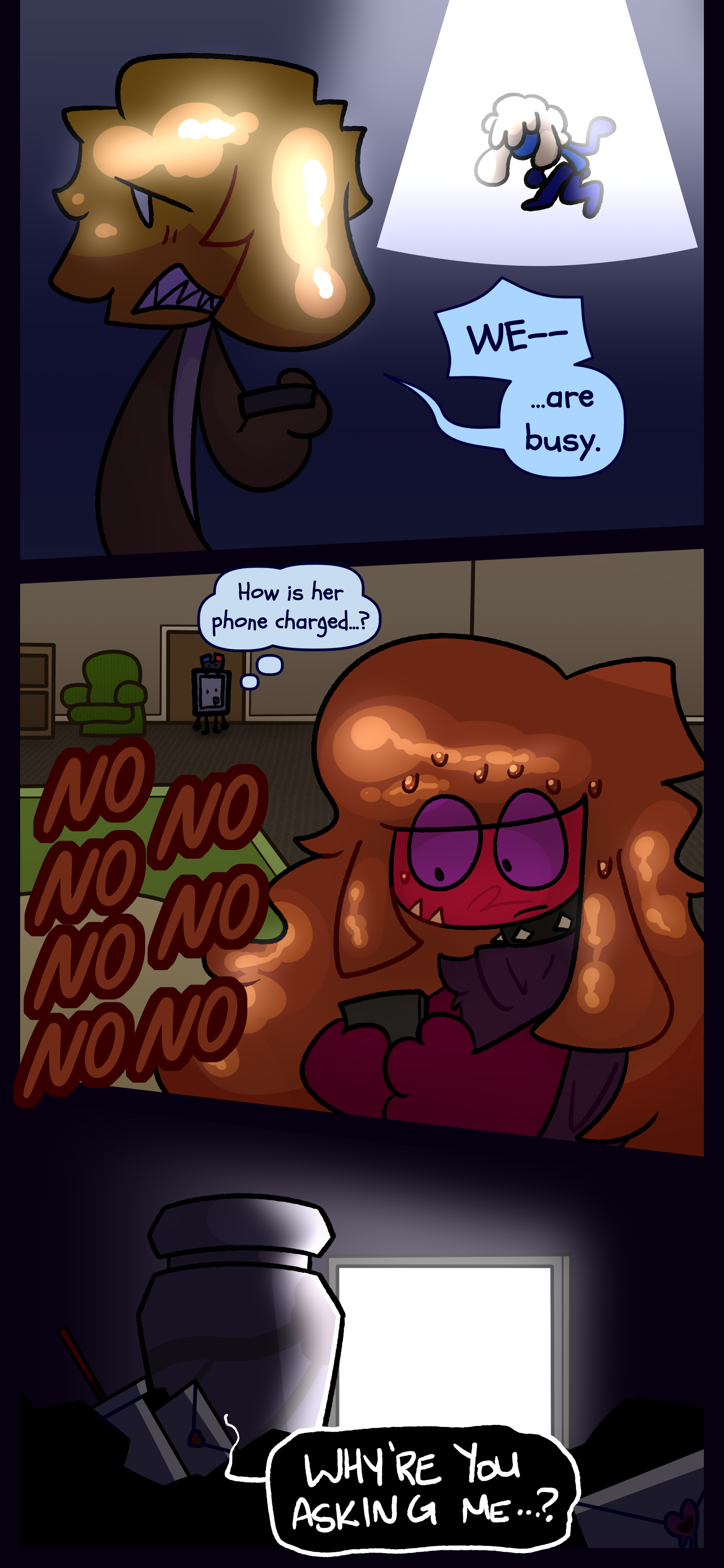 Ryley replies to Willa's message with "WE... are busy." Anton is dancing in the background. Caramel types "NO NO NO NO NO NO," and Montag wonders in the background how her phone is charged. Myla with love letters and trash strewn about answers in a hoarse voice "WHY'RE YOU ASKING ME...?"