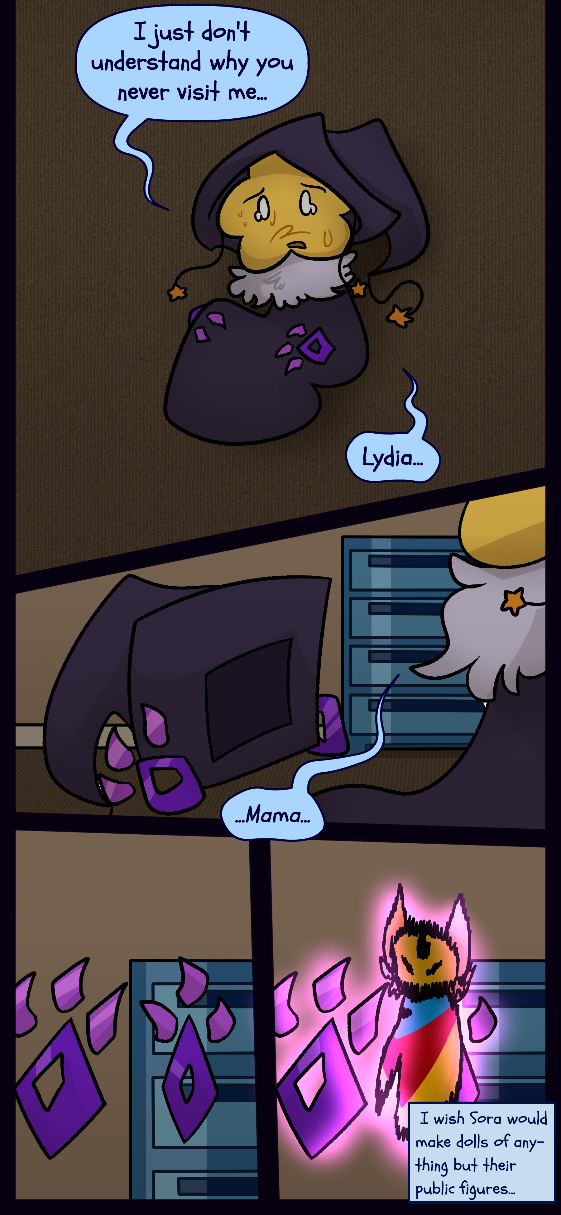 Juno says to themself "I just don't understand why you never visit me... Lydia... Mama..." They take off their hat and pick up a doll of Bell. They think "I wish Sora would make dolls of anything but their public figures..."