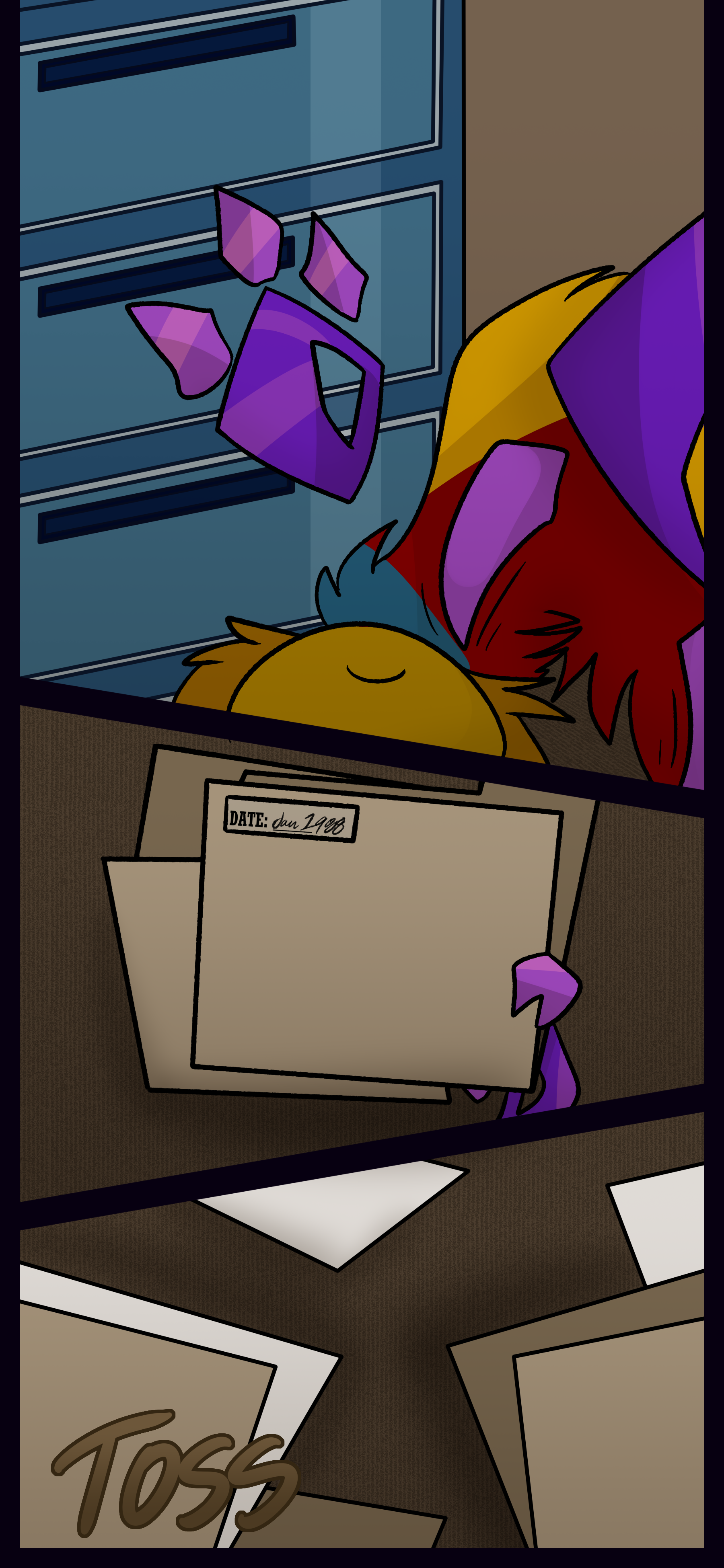 Juno reaches for a filing cabinet pulls out several documents and tosses them on the ground.