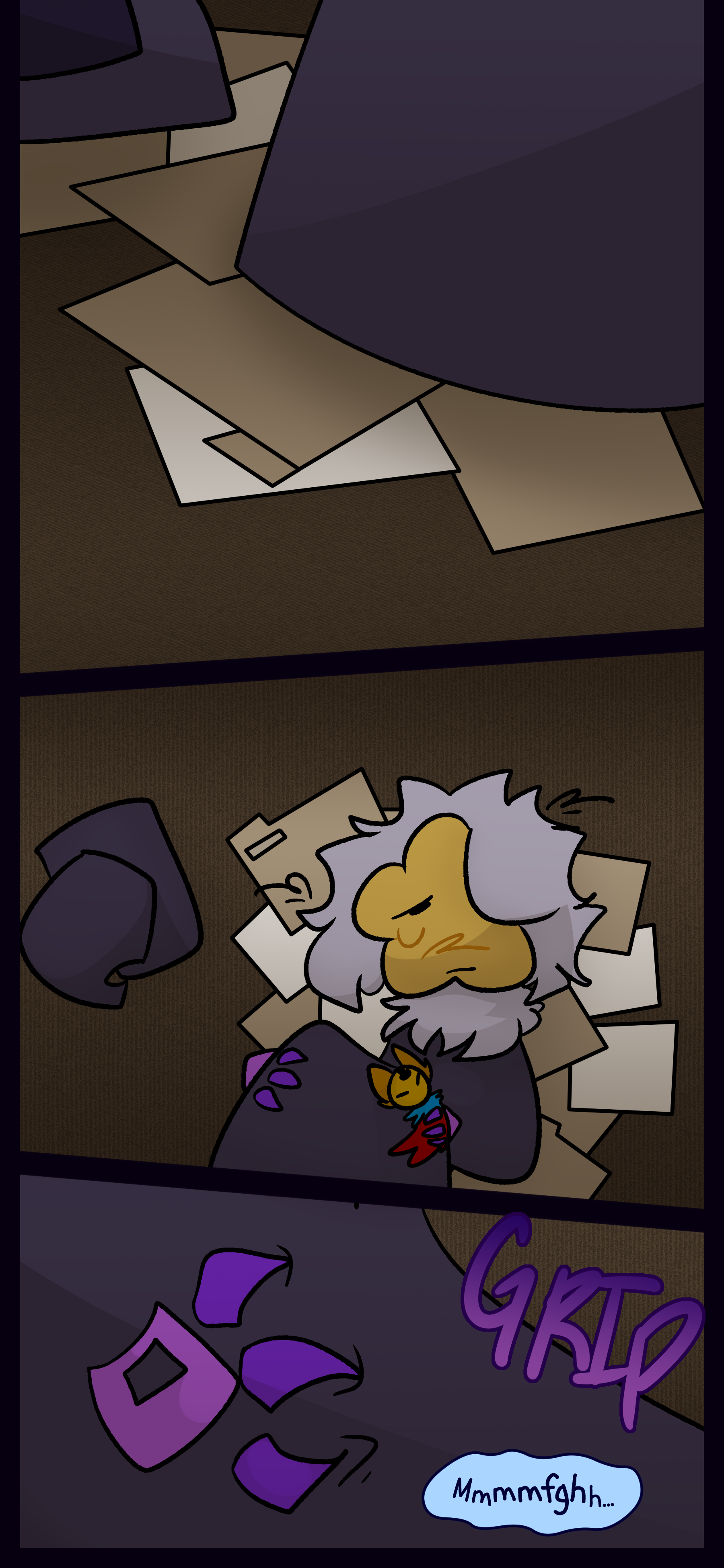 Juno walks over the documents and goes to lay on them holding the doll and using them as bedding. They clutch their body and groan.