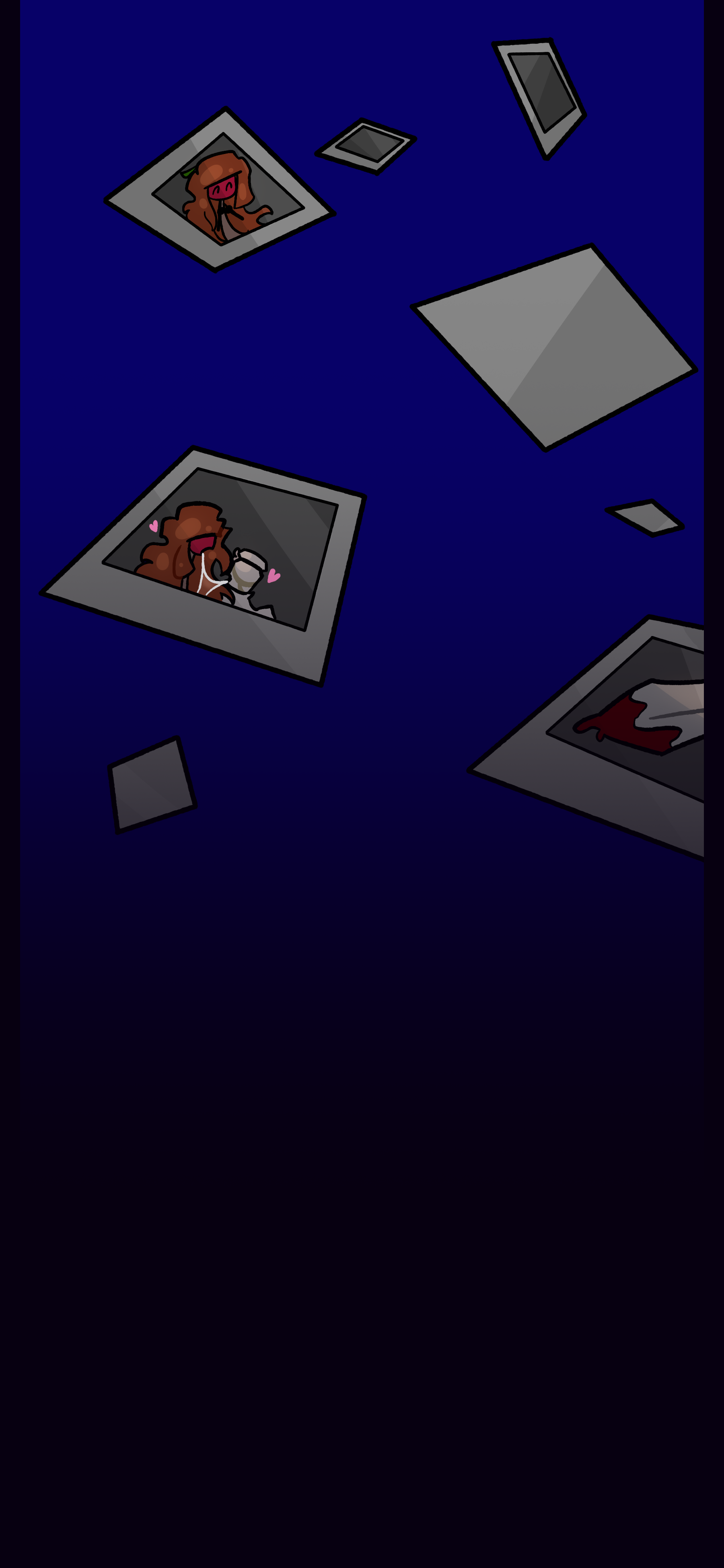 Several polaroids can be seen fluttering down. One shows Esme happy another with Esme and Myla in love and another shows a blade covered in blood.