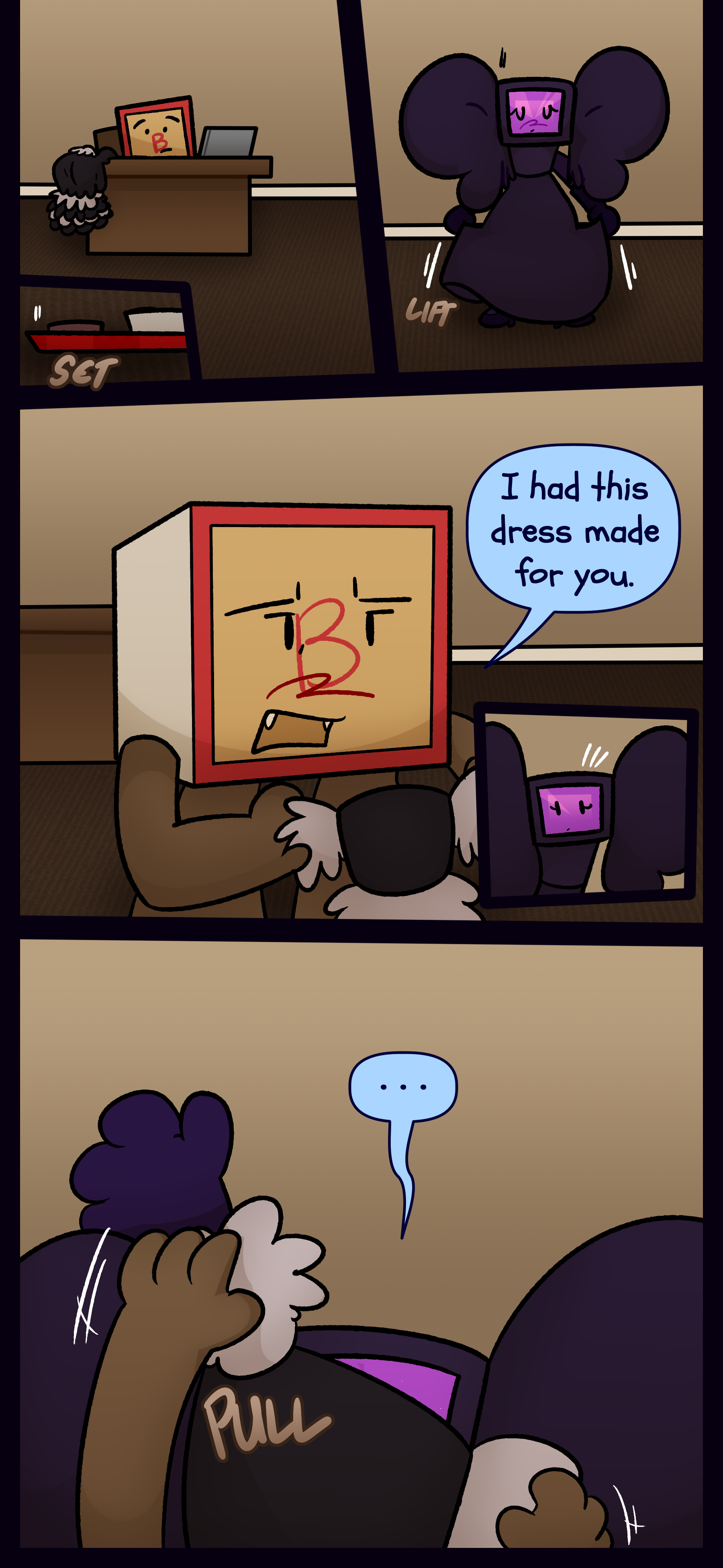 Lydia enters and sets down the food tray before bowing. Madeline grabs a dress that was on her desk and says "I had this dress made for you." Madeline puts it onto her.