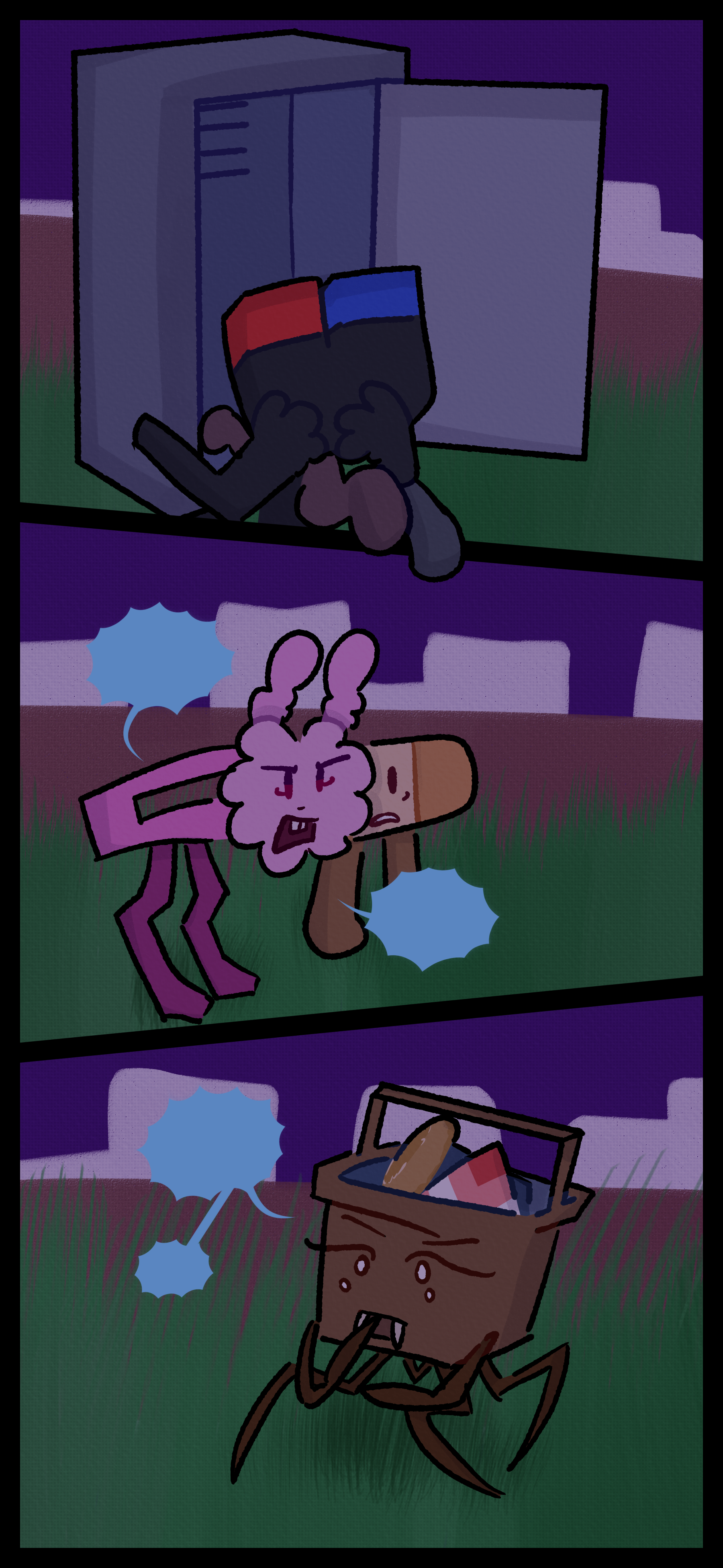 A locker object opens themself and pulls in a smaller magnet object in a dark grassy area. Indiscernable yelling can be heard from several other objects including a hair clip object a bandage object and a picnic basket object.