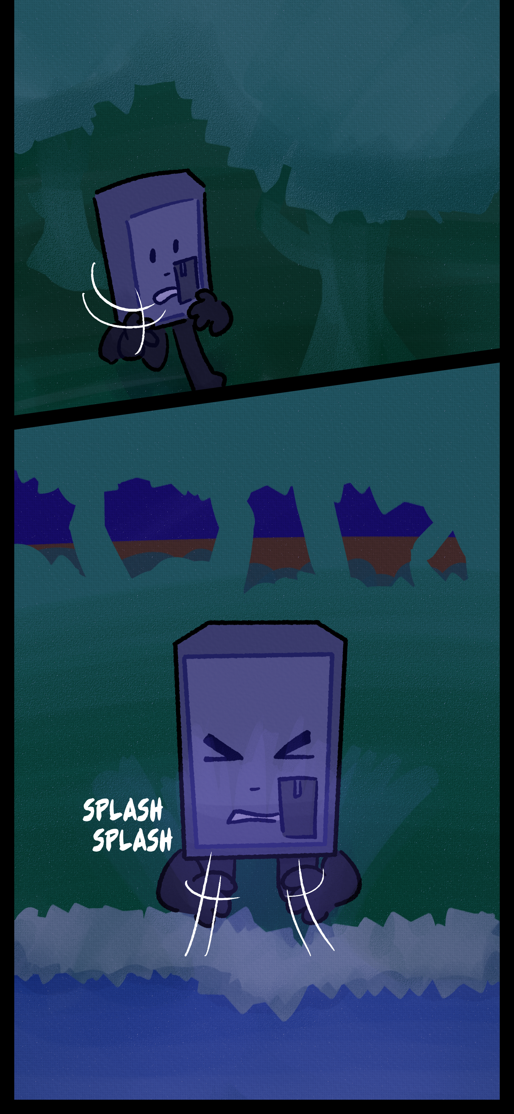 The locker object runs through a wooded area and to a river where they kneel and splash their face with water.