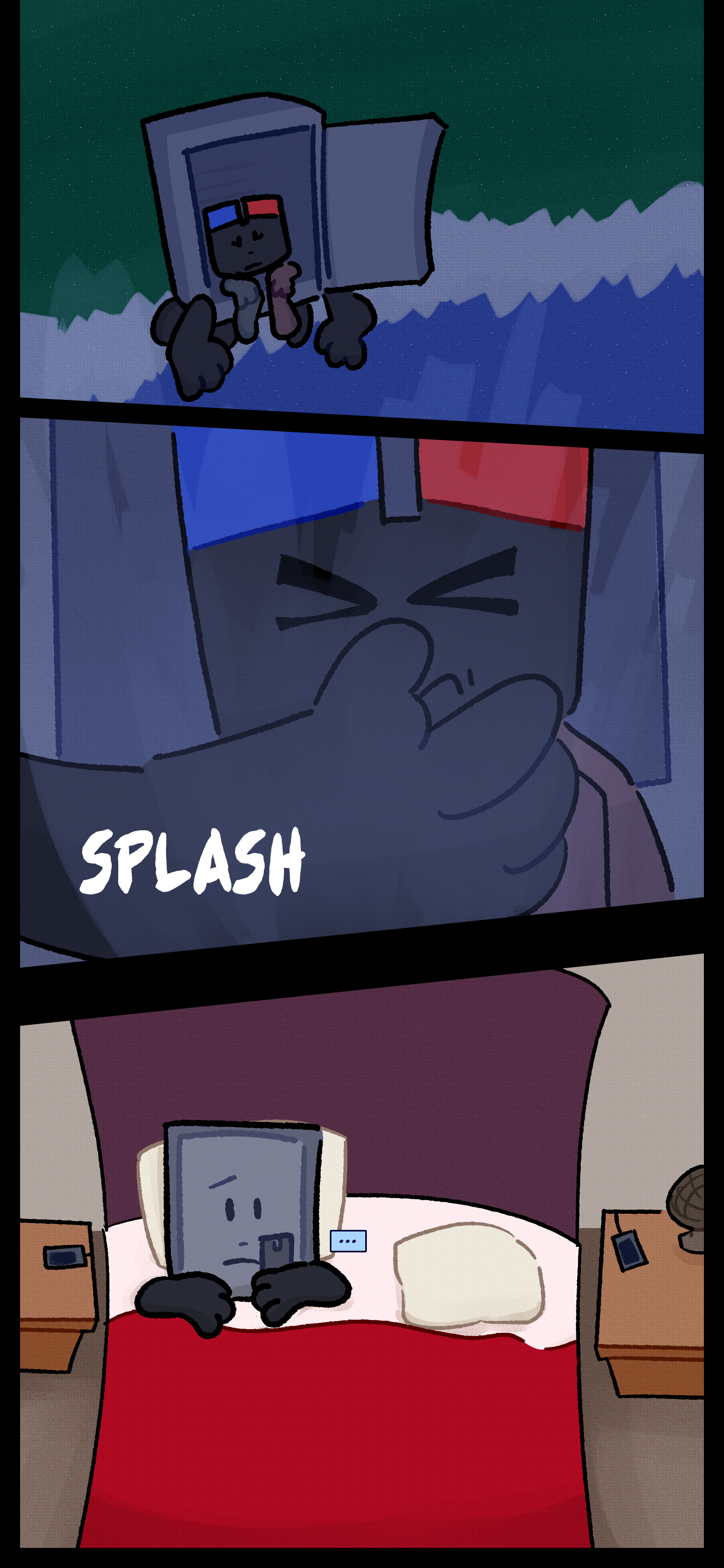 The locker object opens themself and splashes water on the magnet object's face. Cut to the locker object laying in a bed in silence with an empty spot on the bed next to him and dressers on both sides of the bed.