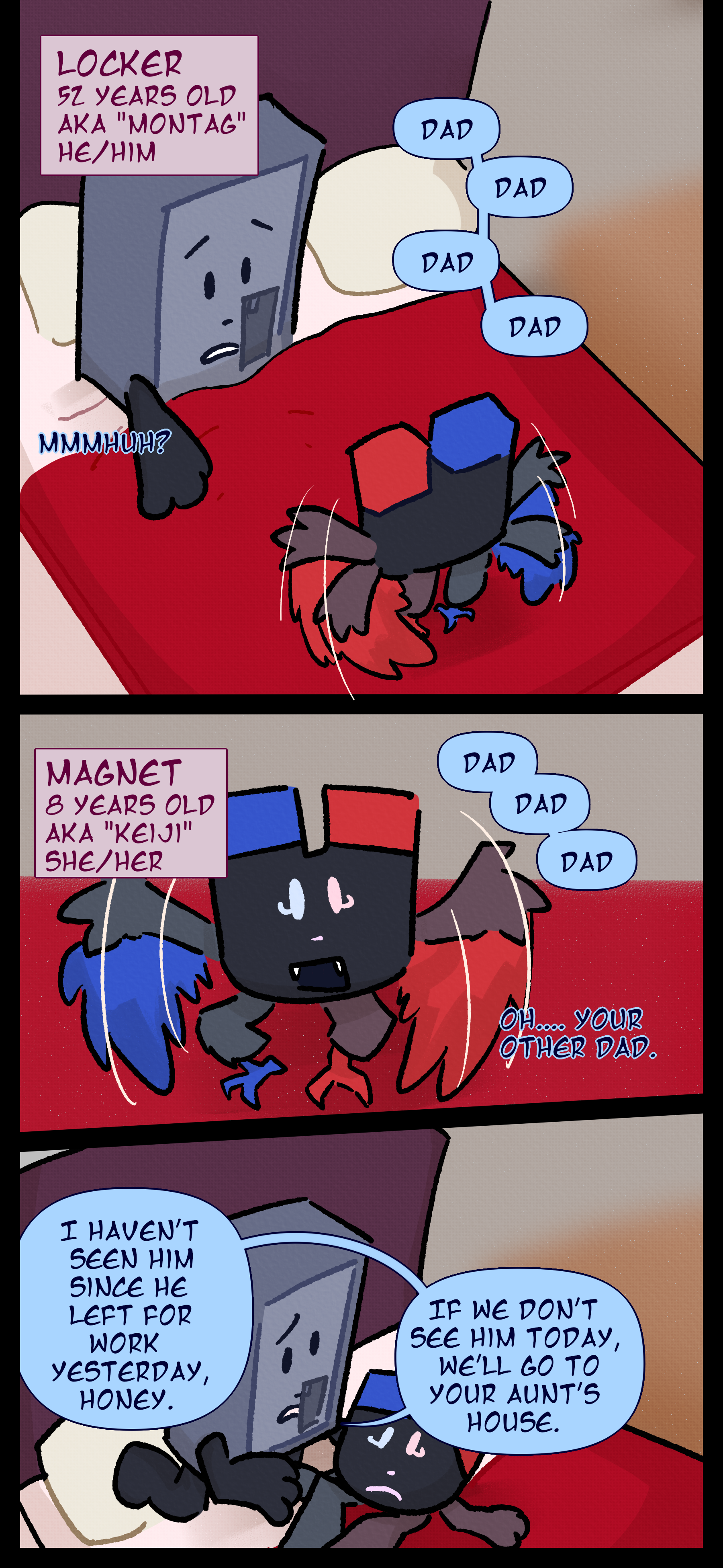 The locker object named Montag also known as Locker aged 52 pronouns he/him makes a confused noise at Keiji also known as Magnet aged 8 pronouns she/her repeatedly says "Dad" and flails her wings in her therian form a parrot. Montag says "Oh... your other dad. I haven't seen him since he left for work yesterday honey. If we don't see him today we'll go to your aunt's house." Keiji switches back into her standard form.