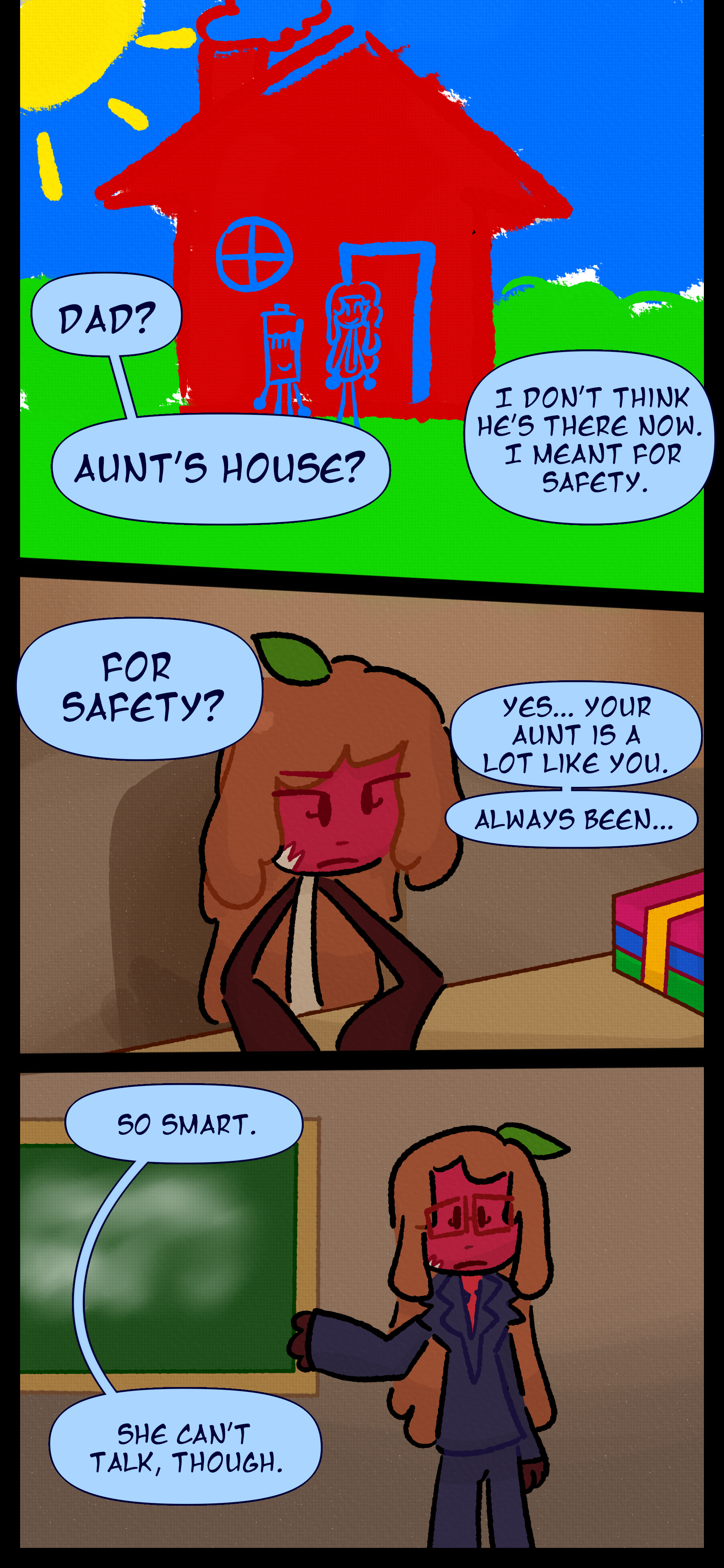 A crayon drawing of a house with a battery object and a caramel apple object in front of it is visible as Keiji asks "Dad? Aunt's house?" Montag replies "I don't think he's there now. I meant for safety." Keiji asks "For safety?" to which Montag responds "Yes... your aunt is a lot like you. Always been..." A picture of the caramel apple object at a desk with books is visible. Montag continues "So smart. She can't talk though." The caramel apple object is seen with glasses and a suit standing in front of a chalkboard."