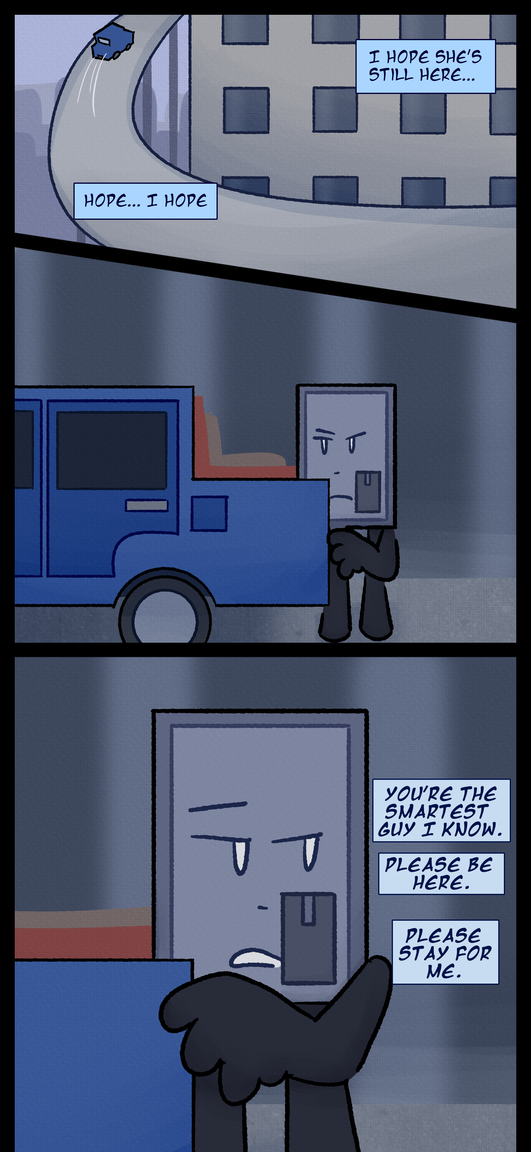 Montag is seen driving on a highway ramp as he continues "I hope she's still here..." Keiji repeats "Hope... I hope." Montag stands behind his parked car as he thinks "You're the smartest guy I know. Please be here. Please stay for me."