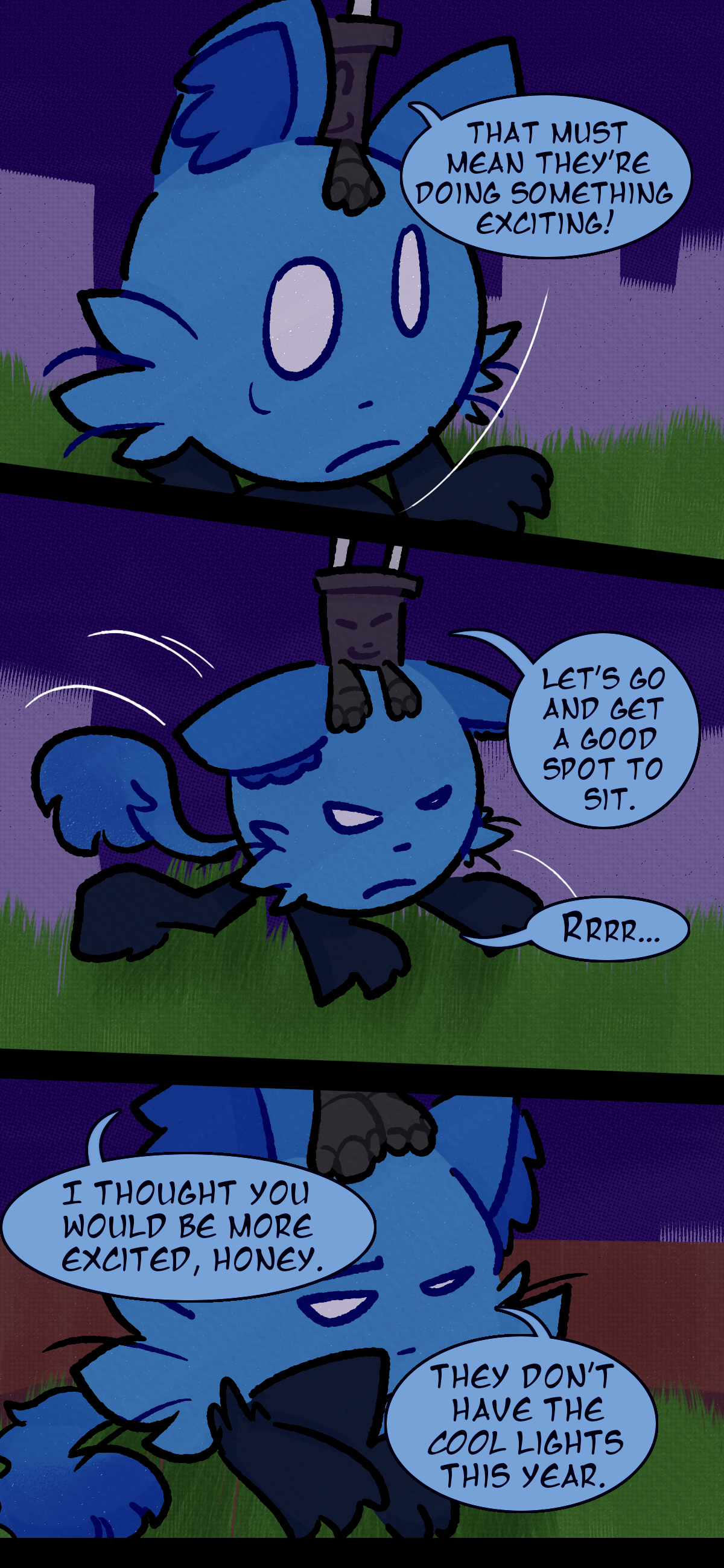 Pepper says "That must mean they're doing something exciting!" and Blaire's ears perk up. Pepper says "Let's go and get a good spot to sit." and Blaire growls as she walks on all fours. Blaire sits in a fenced off area as Pepper says "I thought you would be more excited honey." to which Blaire responds "They don't have the cool lights this year."