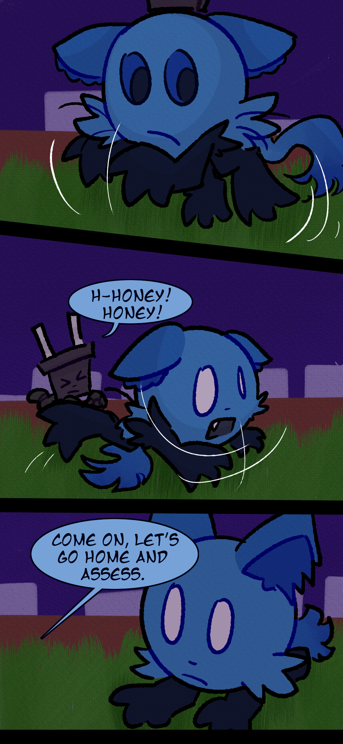 Blaire, panicked, runs away as Pepper shouts "Honey! Honey! Come on let's go home and assess."