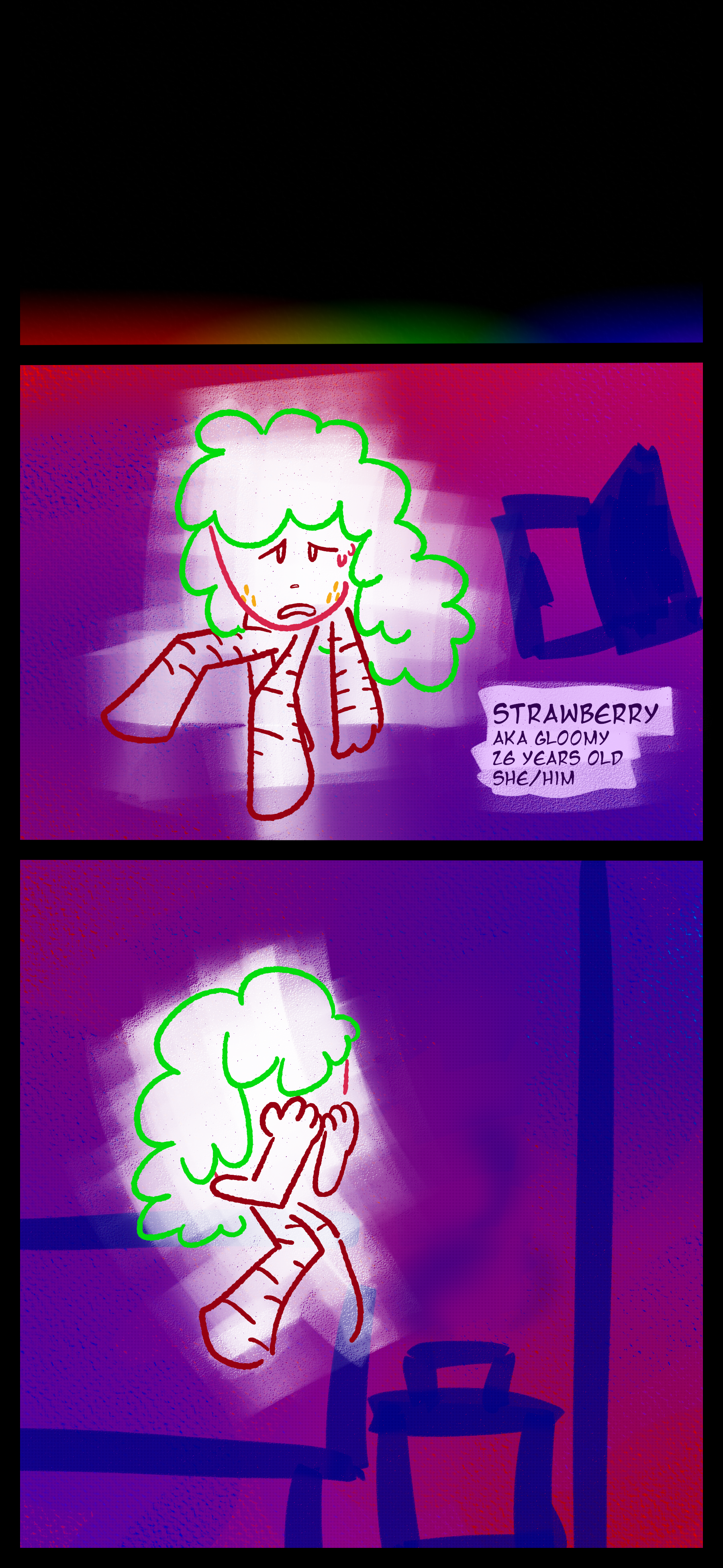 A colorful outline of Gloomy also known as Strawberry aged 26 pronouns she/her and he/him is seen on a colorful background with the faint shape of a door behind him. He covers his face while sitting on the shape of his bed with a dirty trash can behind him.