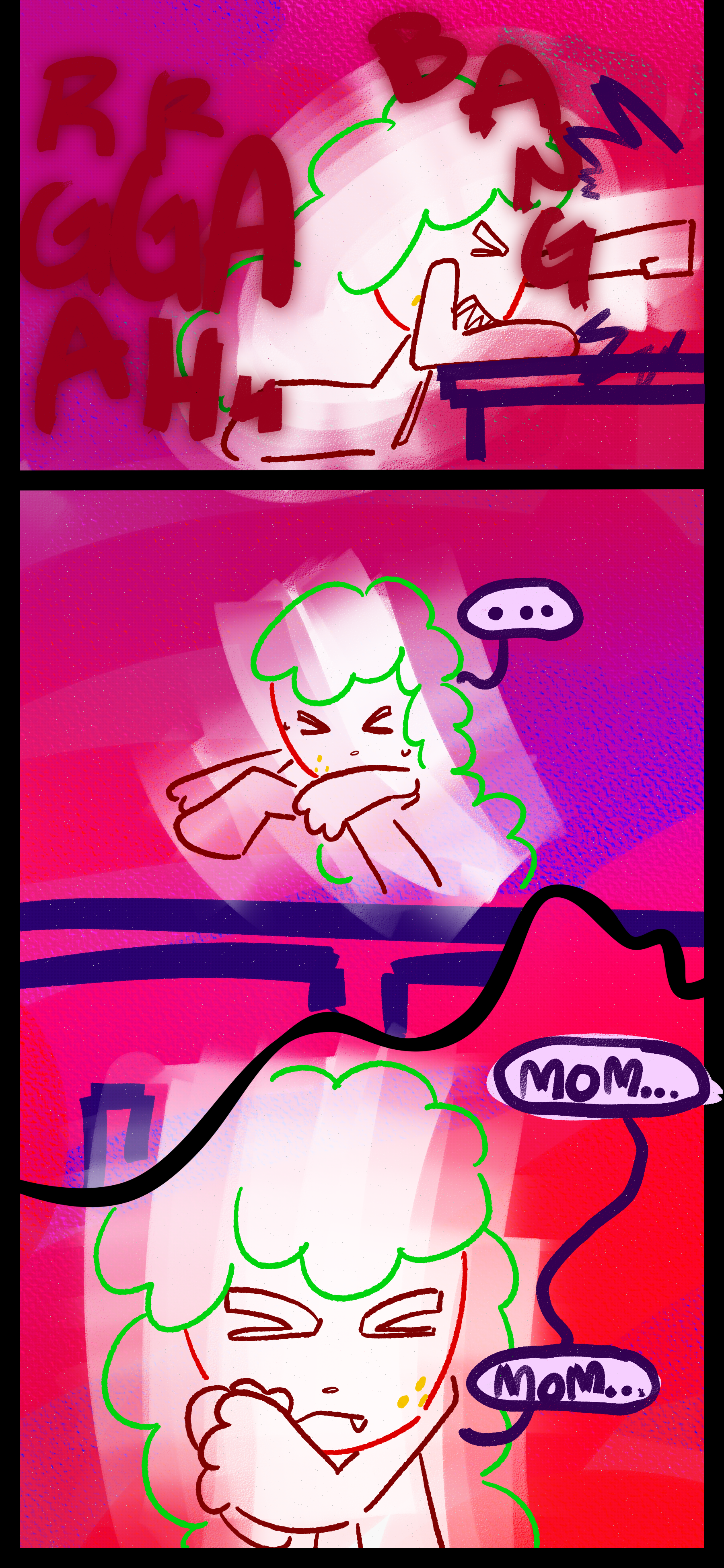 Gloomy growling in exasperation climbs on his bathroom counter and repeatedly punches his mirror. He sits in silences after the fact before mumbling "Mom... Mom..."