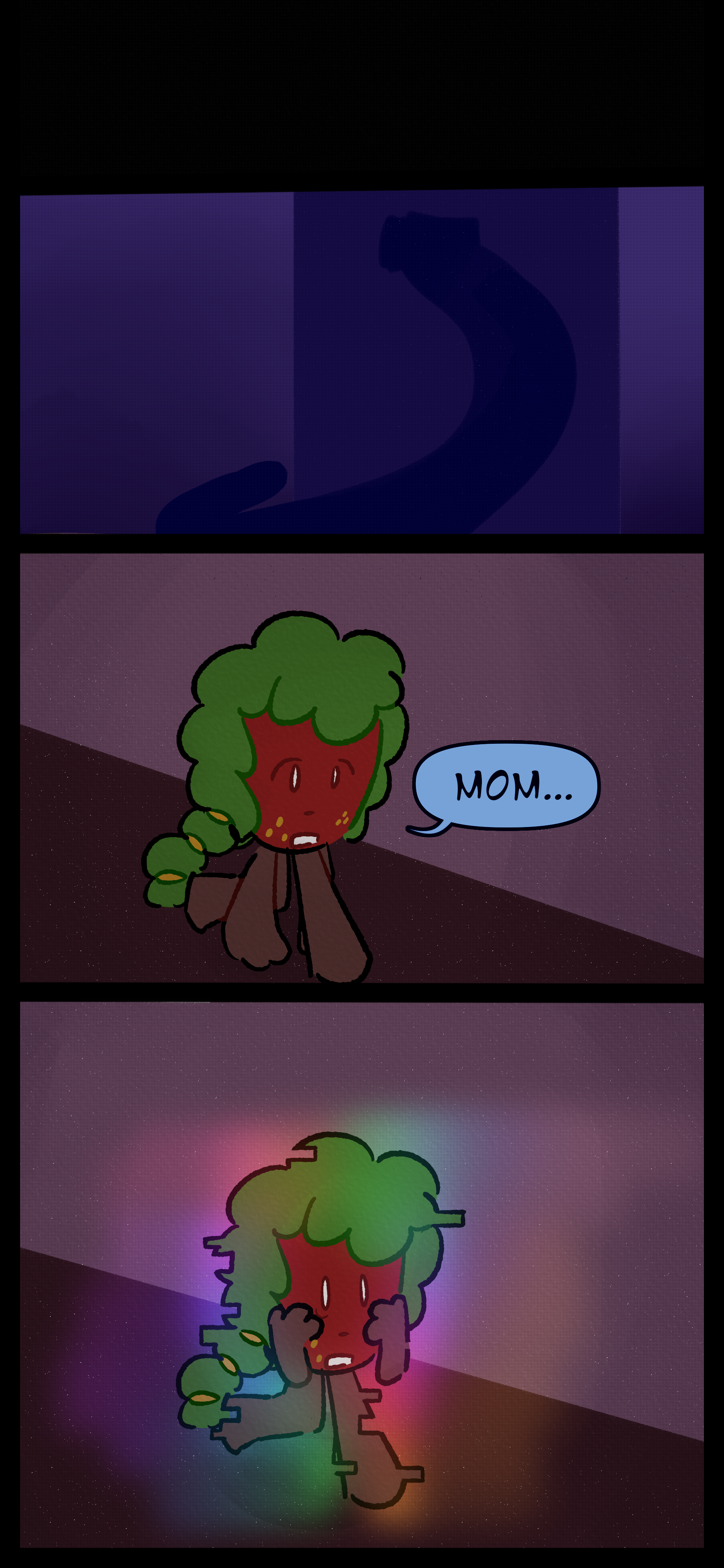 A road connecting to a building can be seen at night. Gloomy currently in his house and now in full color and detail mutters "Mom..." as he wanders a hallway. As he walks he hears the message broadcast by Madeline.