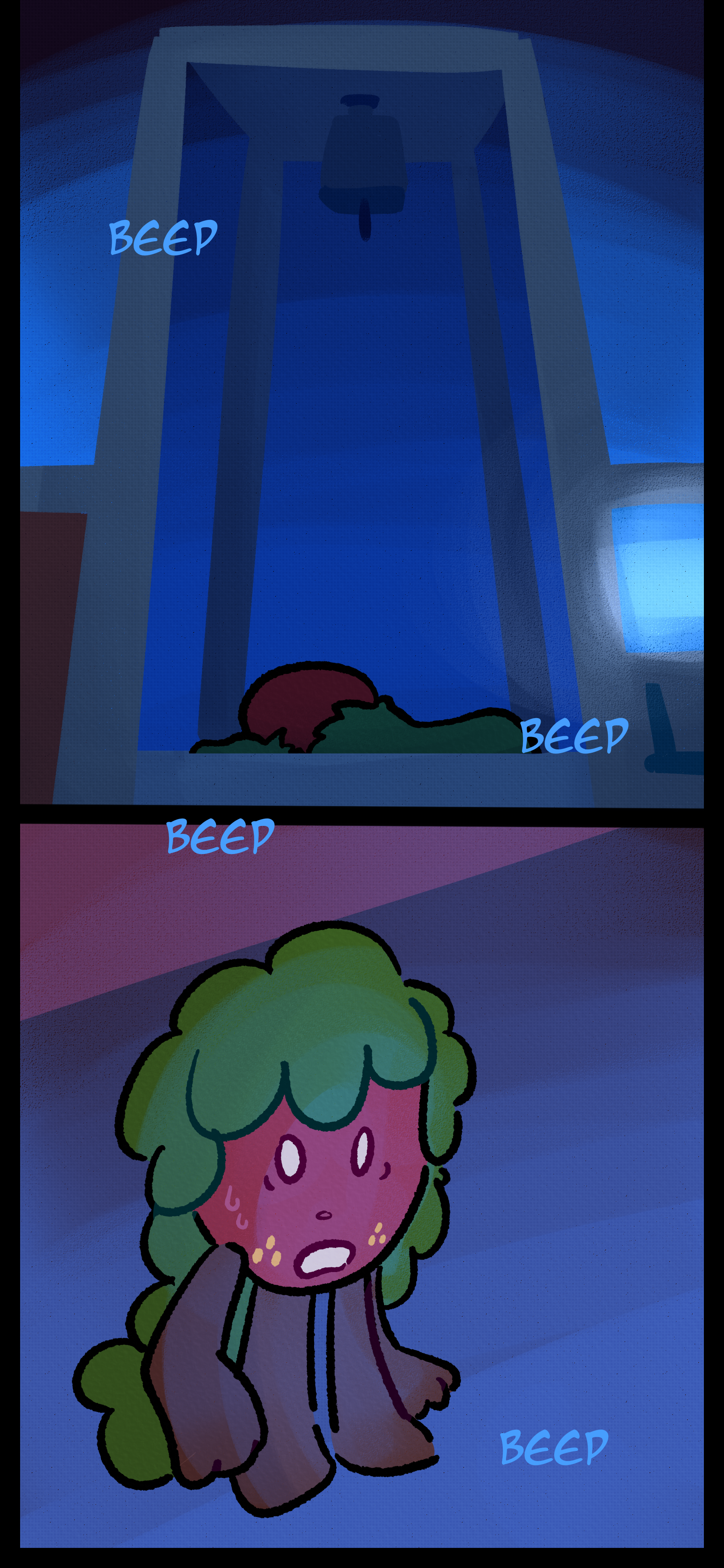 A strange machine towers in front of Gloomy beeping. It has a screen on the side and a tall compartment reminiscient of a 3D printer. An object corpse can be seen at the very bottom. Gloomy stares in horror.