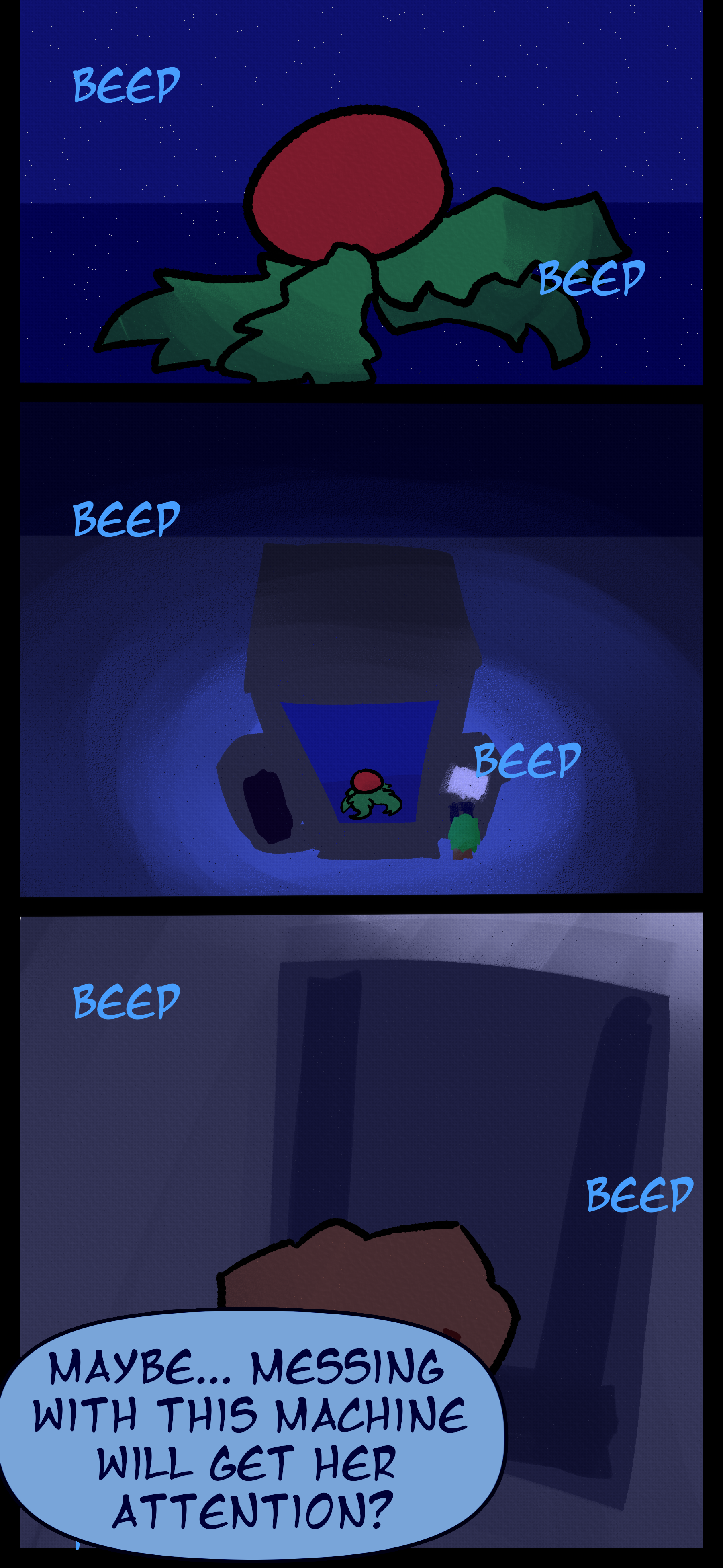 The corpse in the machine appears to be that of a holly berry object. Gloomy wanders over to the screen on the side and begins to press buttons. He says "Maybe... messing with this machine will get her attention?" He grabs a lever.