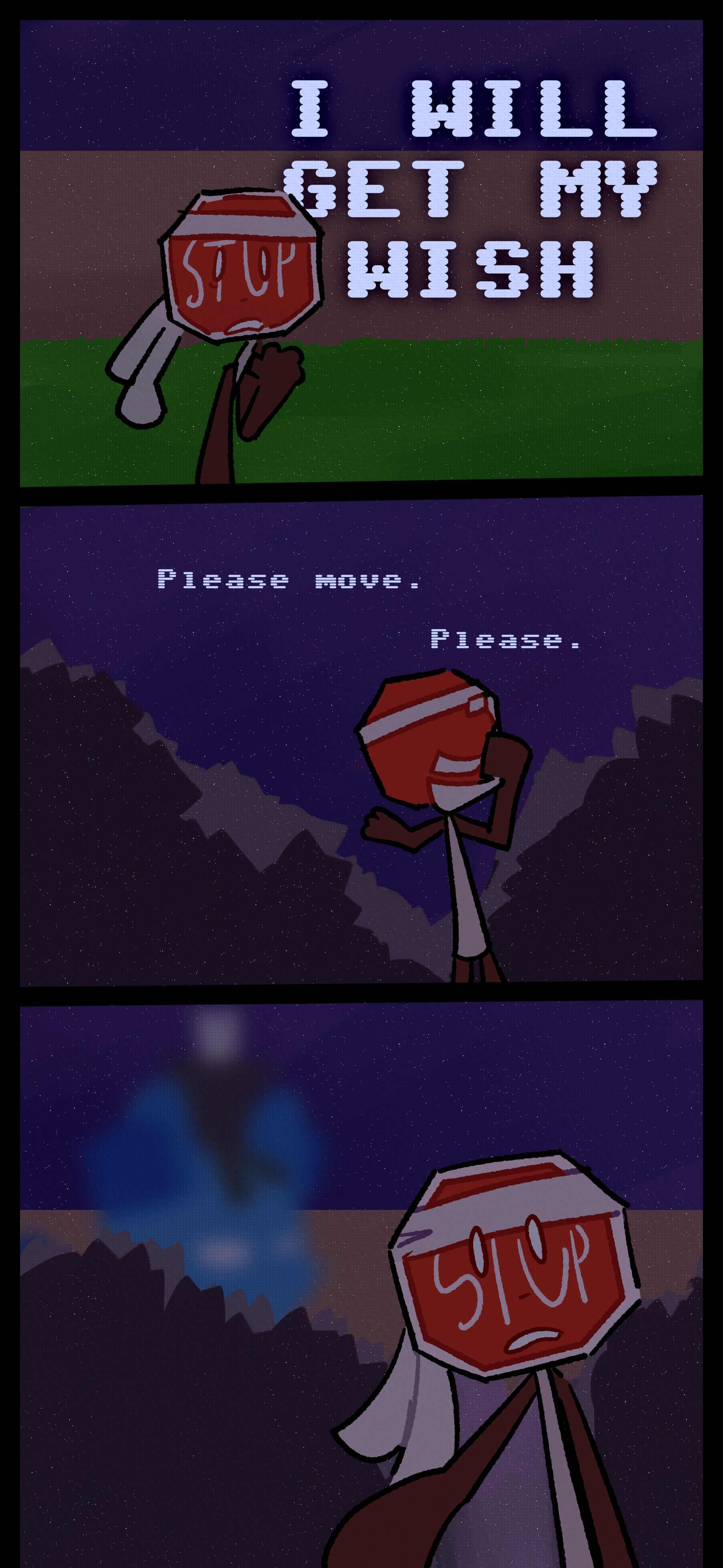 It says "I will get my wish once more. Now standing it begins to go somewhere saying "Please move. Please" to the crowd as it moves forward. Blaire and Pepper can be seen behind the object.