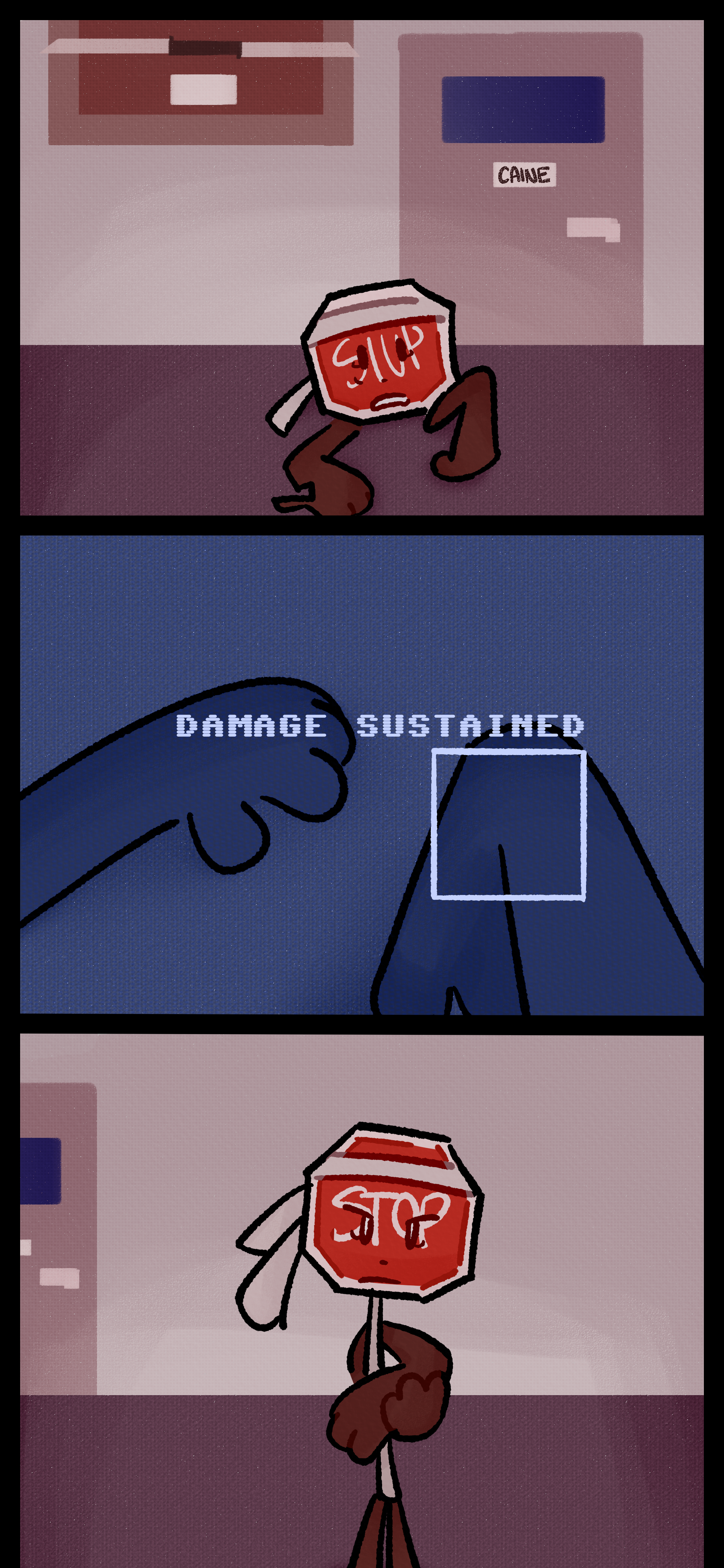 It appears inside a building similar to Madeline's office. A door behind it is marked with Caine's name. It scans its arm to see that it has been damaged. It takes hold of its arm.