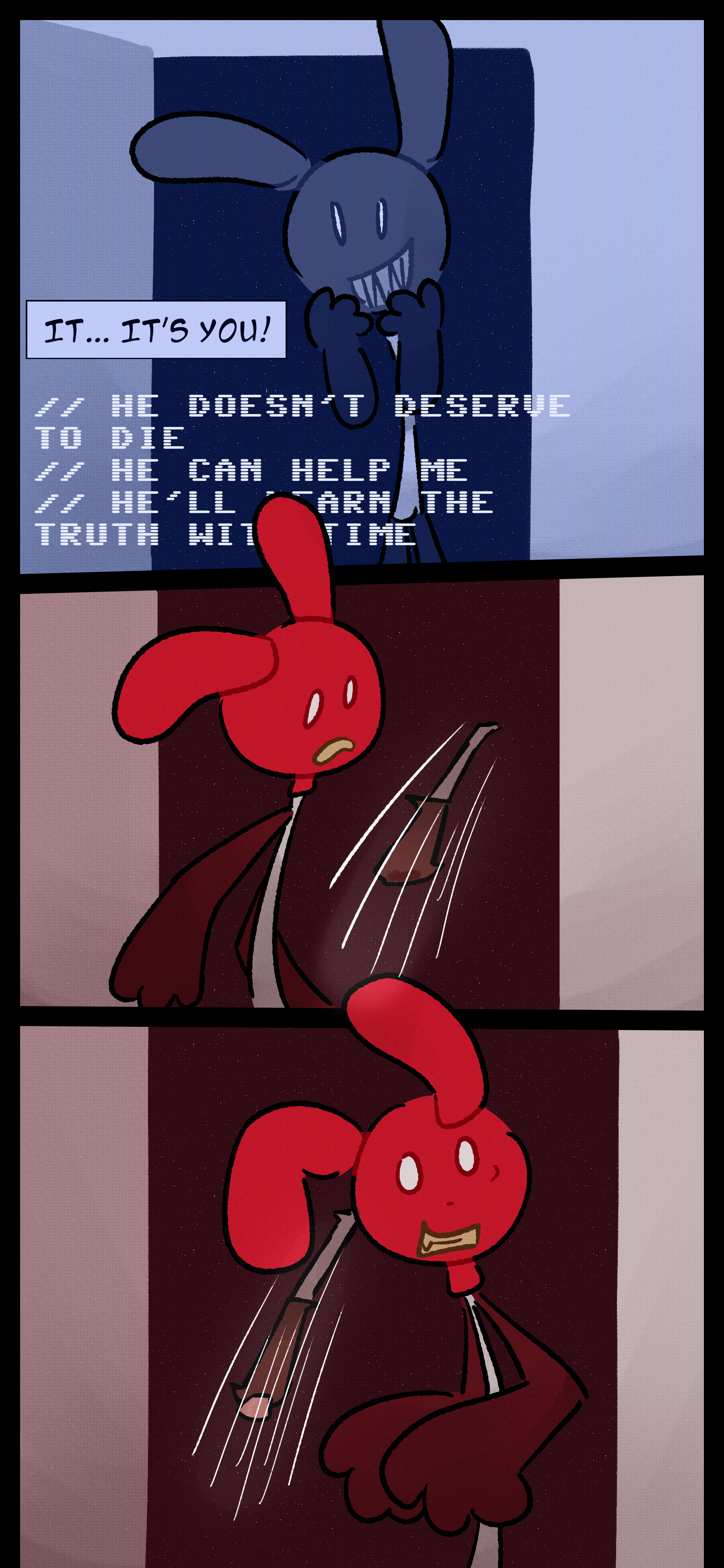 Caine smiles and says "It... it's you!" Lyra thinks "He doesn't deserve to die. He can help me. He'll learn the truth in time." It throws one side of the double bladed sword at Caine, then the other.