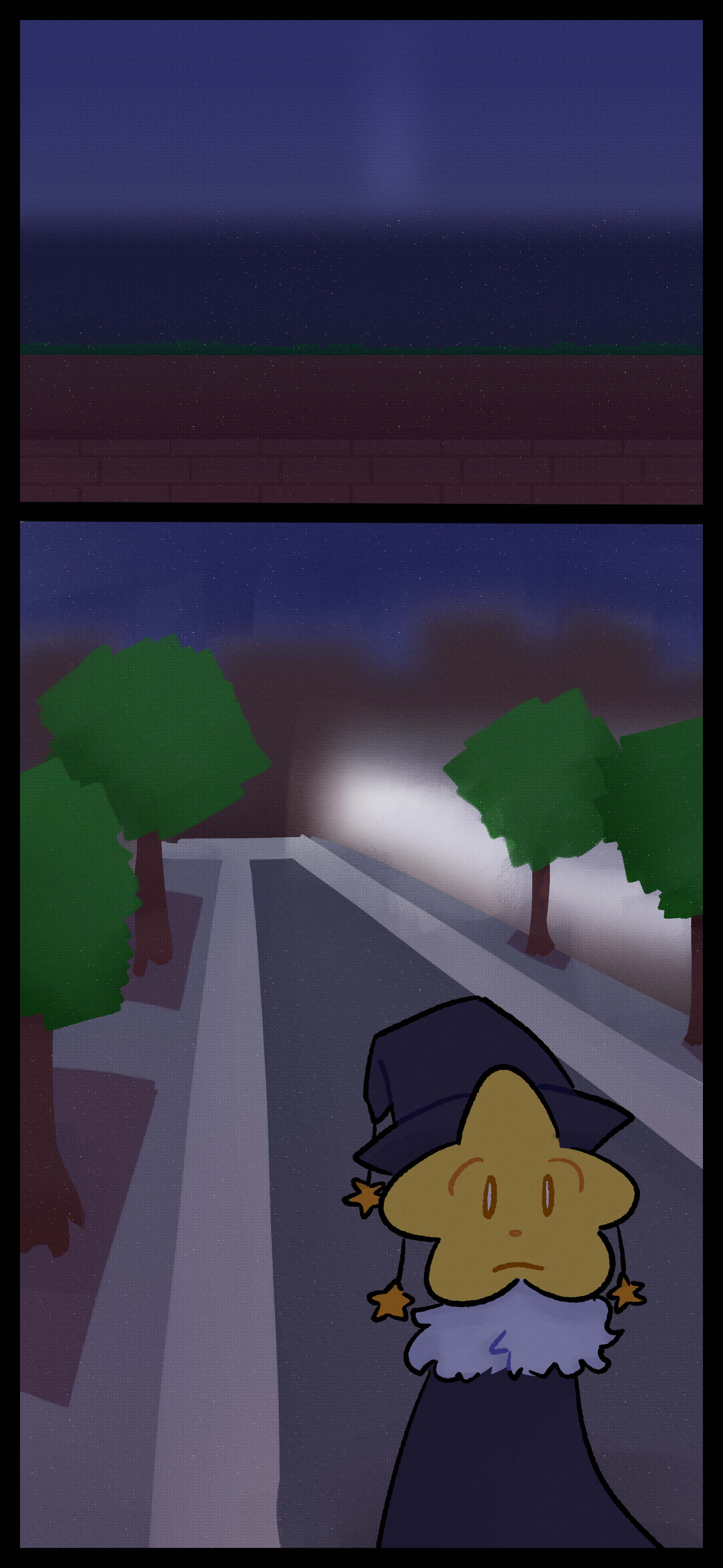 A starry night sky can be seen above a grassy platform and a brick wall. An object with a star for a head a dark witch's hat and a black robe walks down an urban street lined with trees.