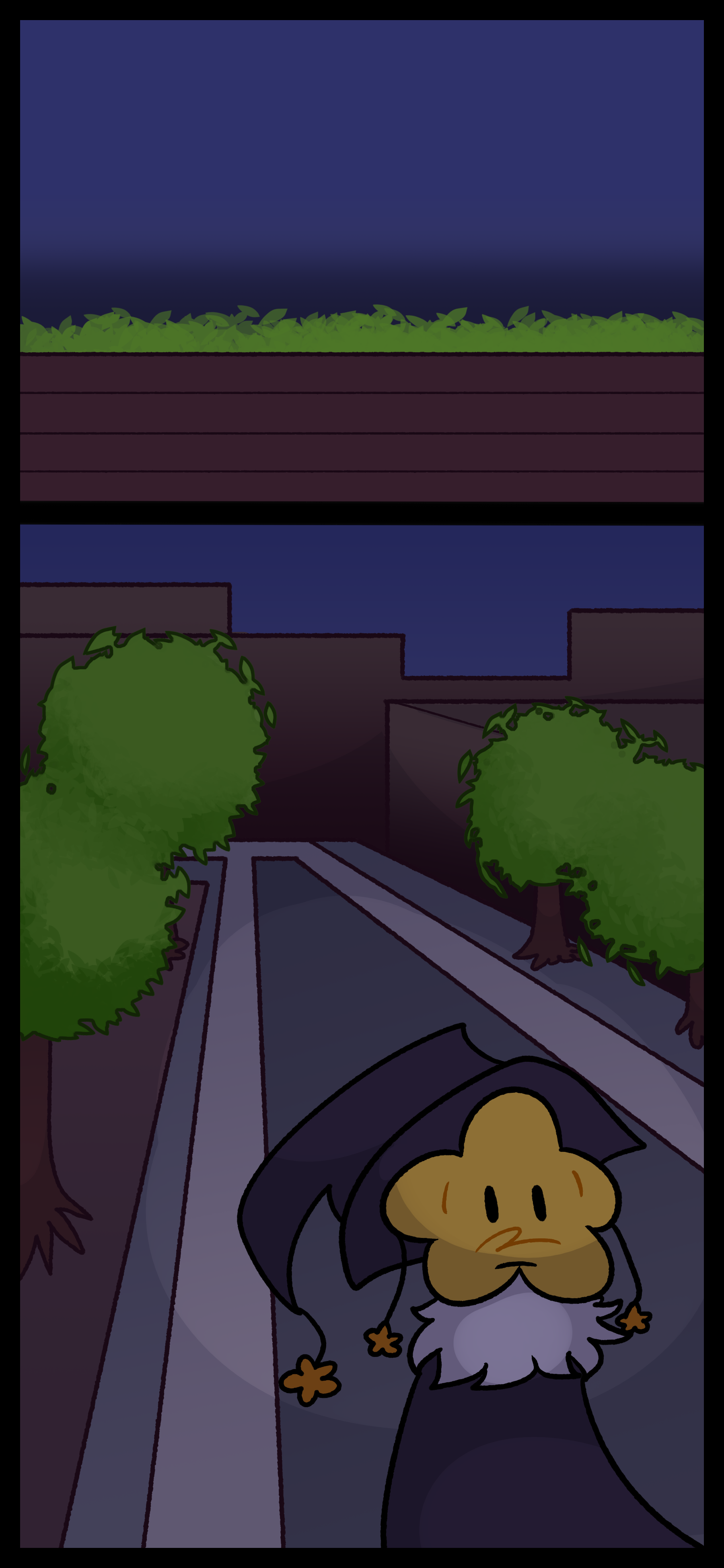 A starry night sky can be seen above a grassy platform and a brick wall. An object with a star for a head a dark witch's hat and a black robe walks down an urban street lined with trees.