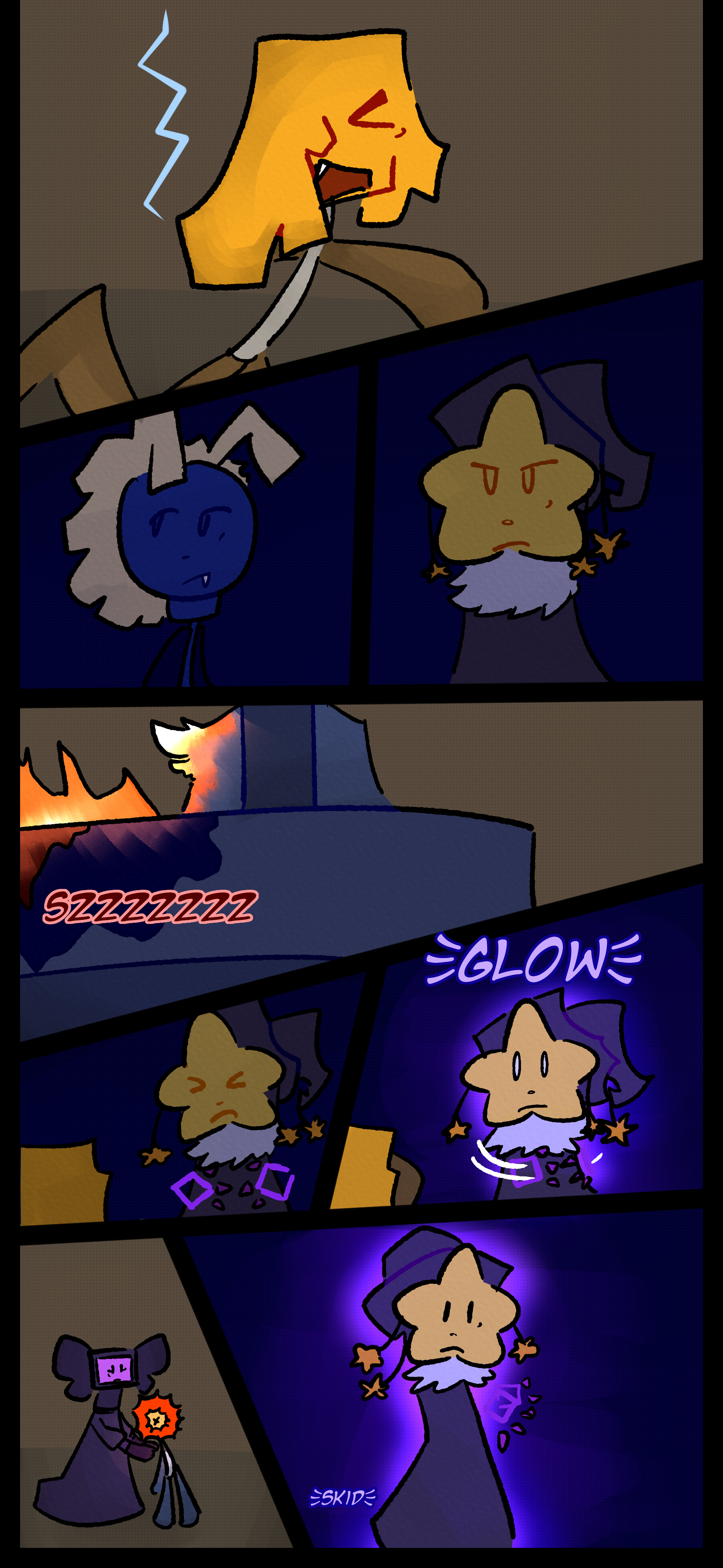 The mop object looks bored while facing off against Juno. Evan can be seen burning through the bedsheets he and Lydia are bound in. Juno begins to glow and heads back toward their allies.