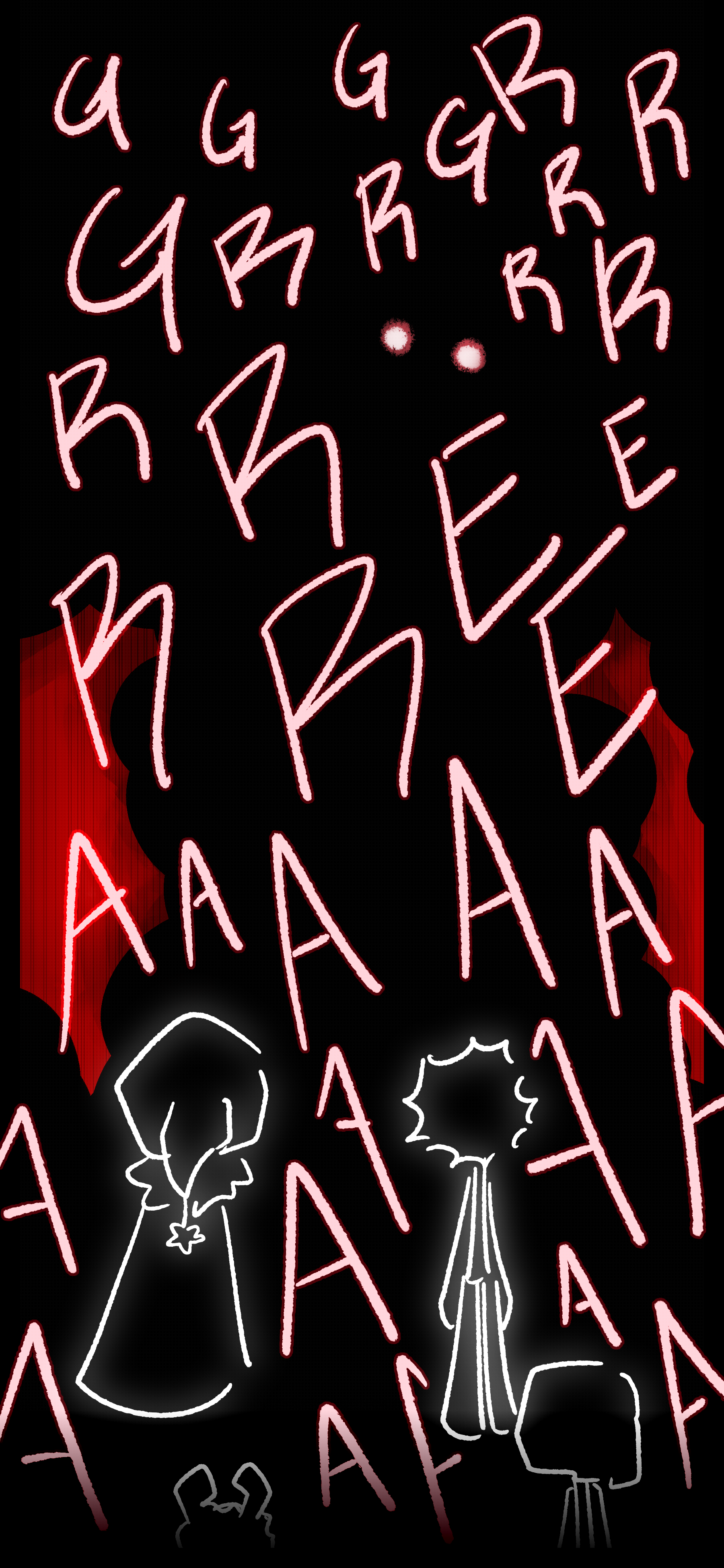 Glowing red eyes and a silhouette in front of a red light can be seen standing over Juno, Evan, Ryley, and the mop object. A loud, haunting screech noise can be heard.