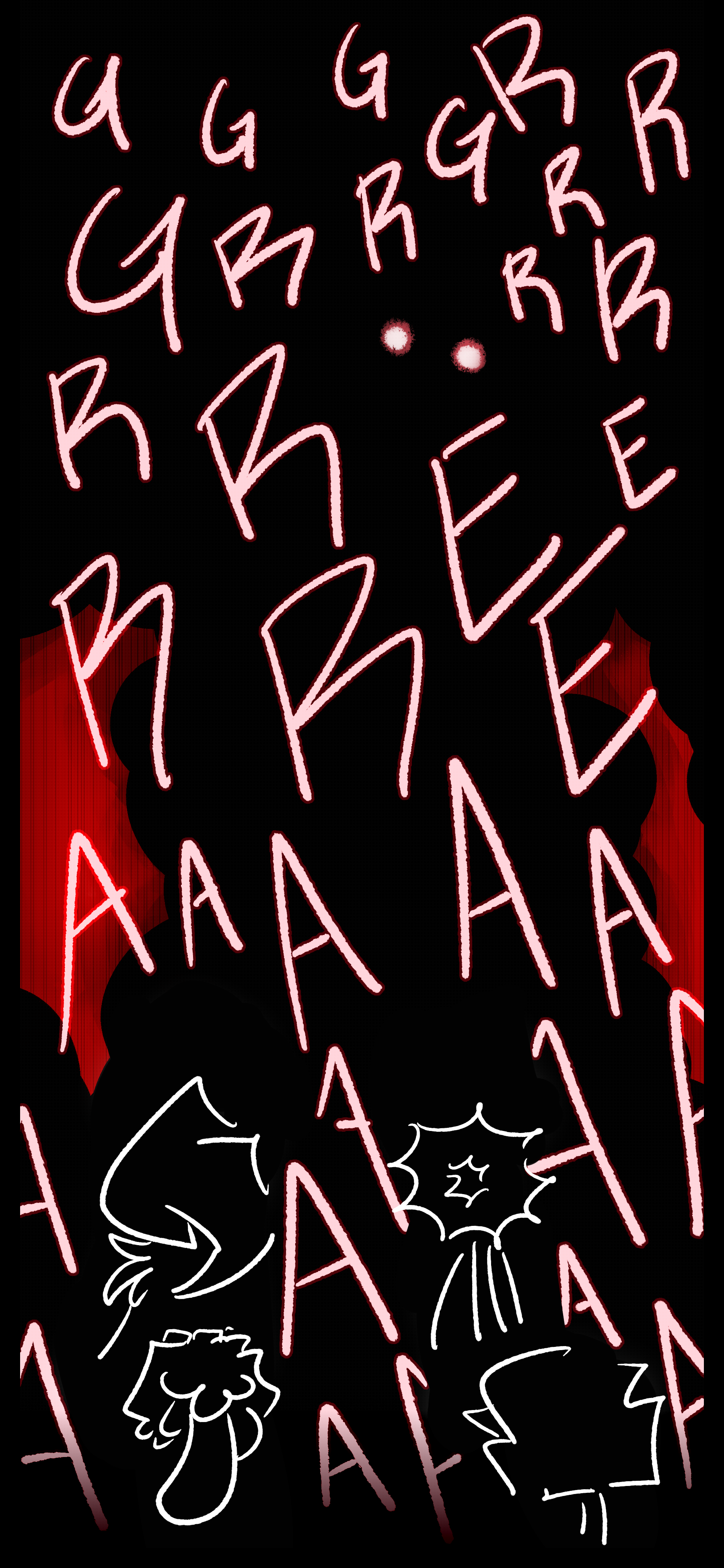 Glowing red eyes and a silhouette in front of a red light can be seen standing over Juno, Evan, Ryley, and the mop object. A loud, haunting screech noise can be heard.