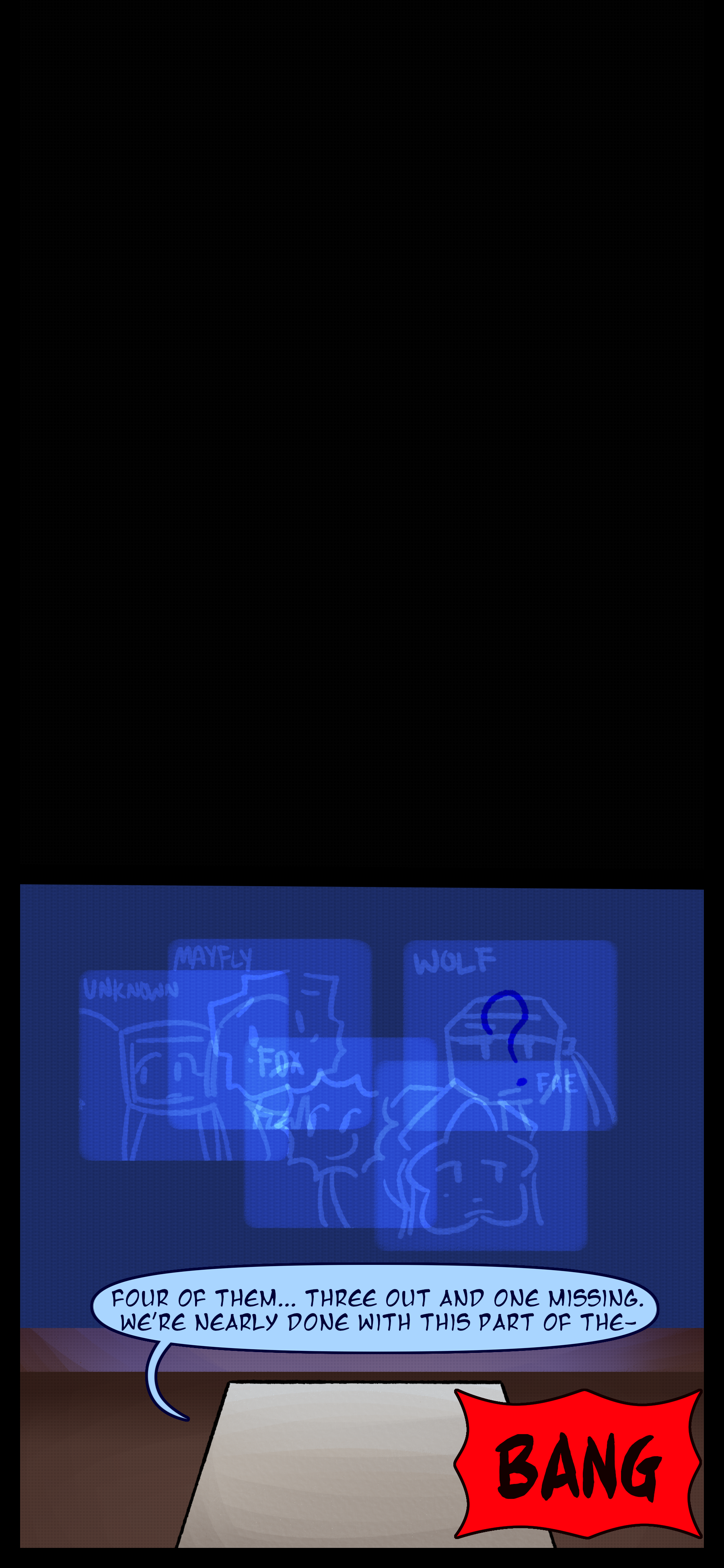 A screen with the faces of Lydia whose theriantype is unknown Juno whose theriantype is fae Evan whose theriantype is fox Minerva whose theriantype is mayfly and Lyra whose theriantype is wolf can be seen in front of a desk. A voice says "Four of them... Three out and one missing. We're nearly done with this part of the..." The speaker is cut off by a loud bang.