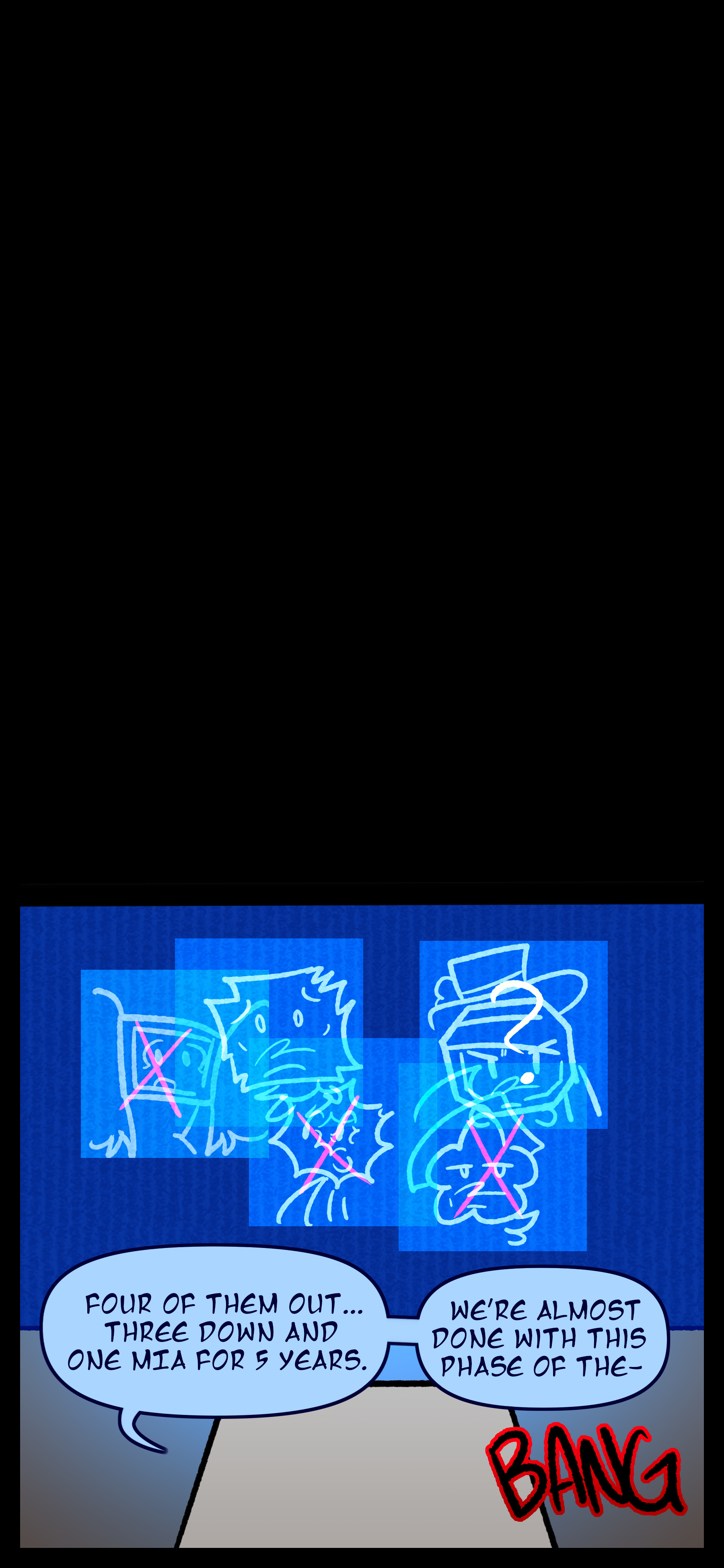 A screen with the faces of Lydia whose theriantype is unknown Juno whose theriantype is fae Evan whose theriantype is fox Minerva whose theriantype is mayfly and Lyra whose theriantype is wolf can be seen in front of a desk. A voice says "Four of them... Three out and one missing. We're nearly done with this part of the..." The speaker is cut off by a loud bang.