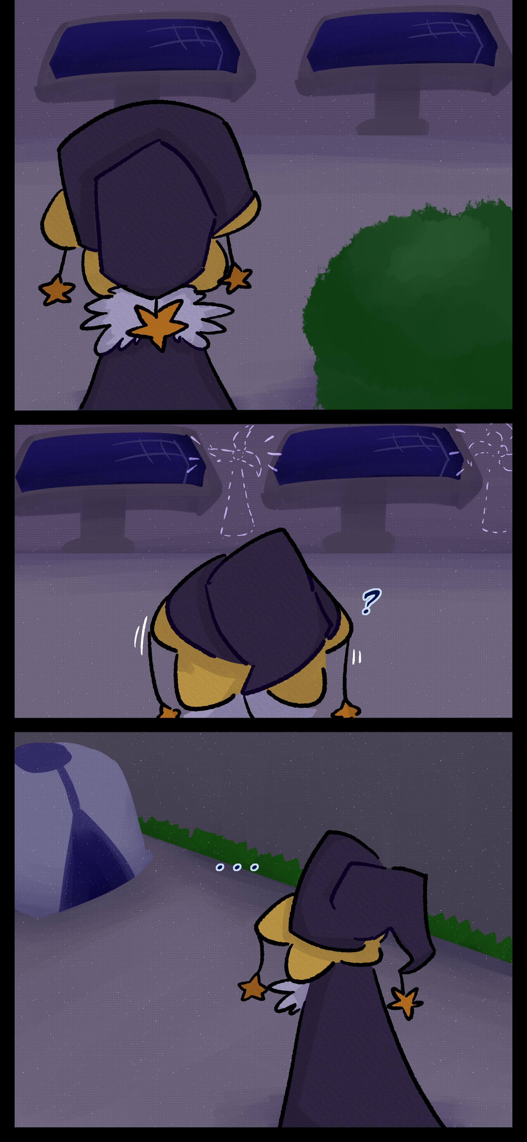 It looks at a large set of solar panels noting the absence of some windmills. It questions this before walking off and heading towards a tent.