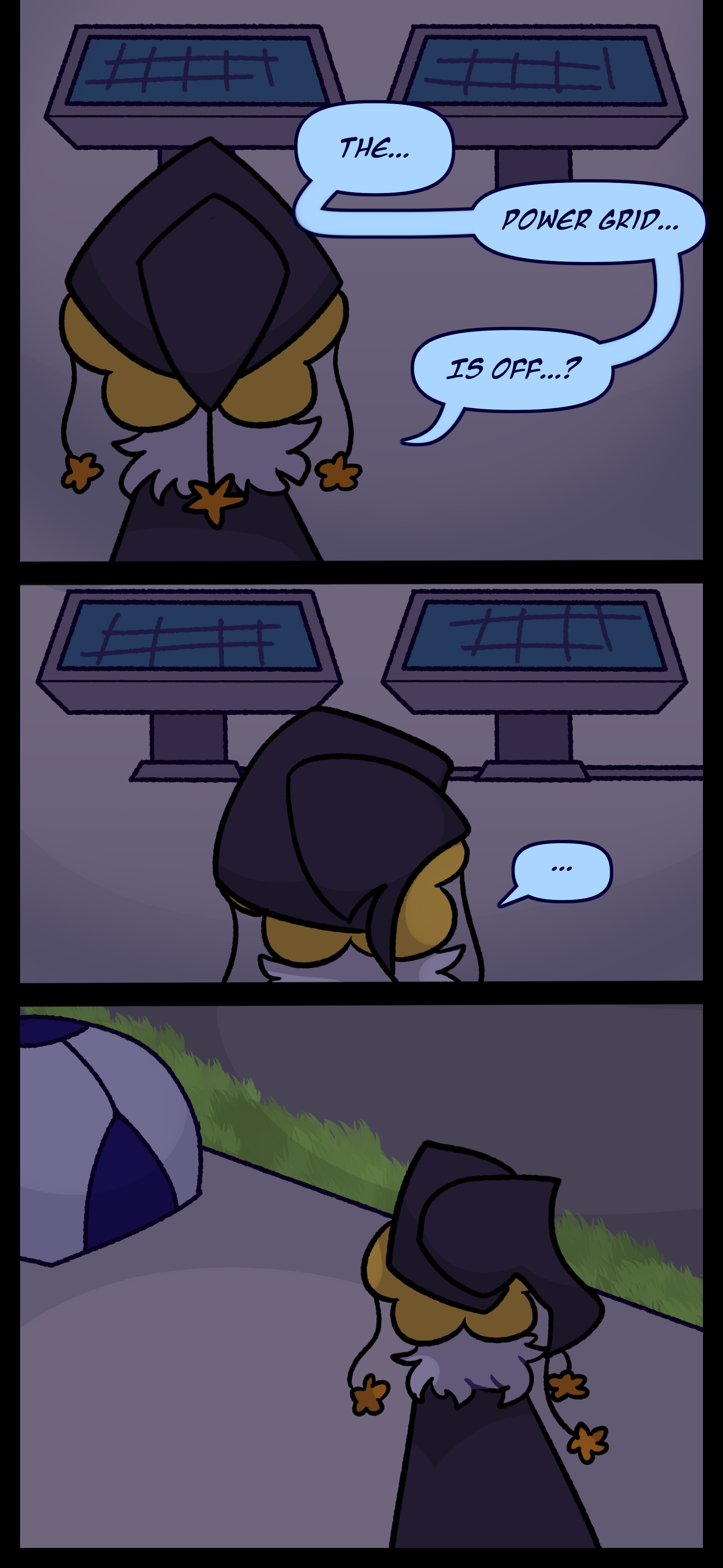 It looks at a large set of solar panels noting the absence of some windmills. It questions this before walking off and heading towards a tent.