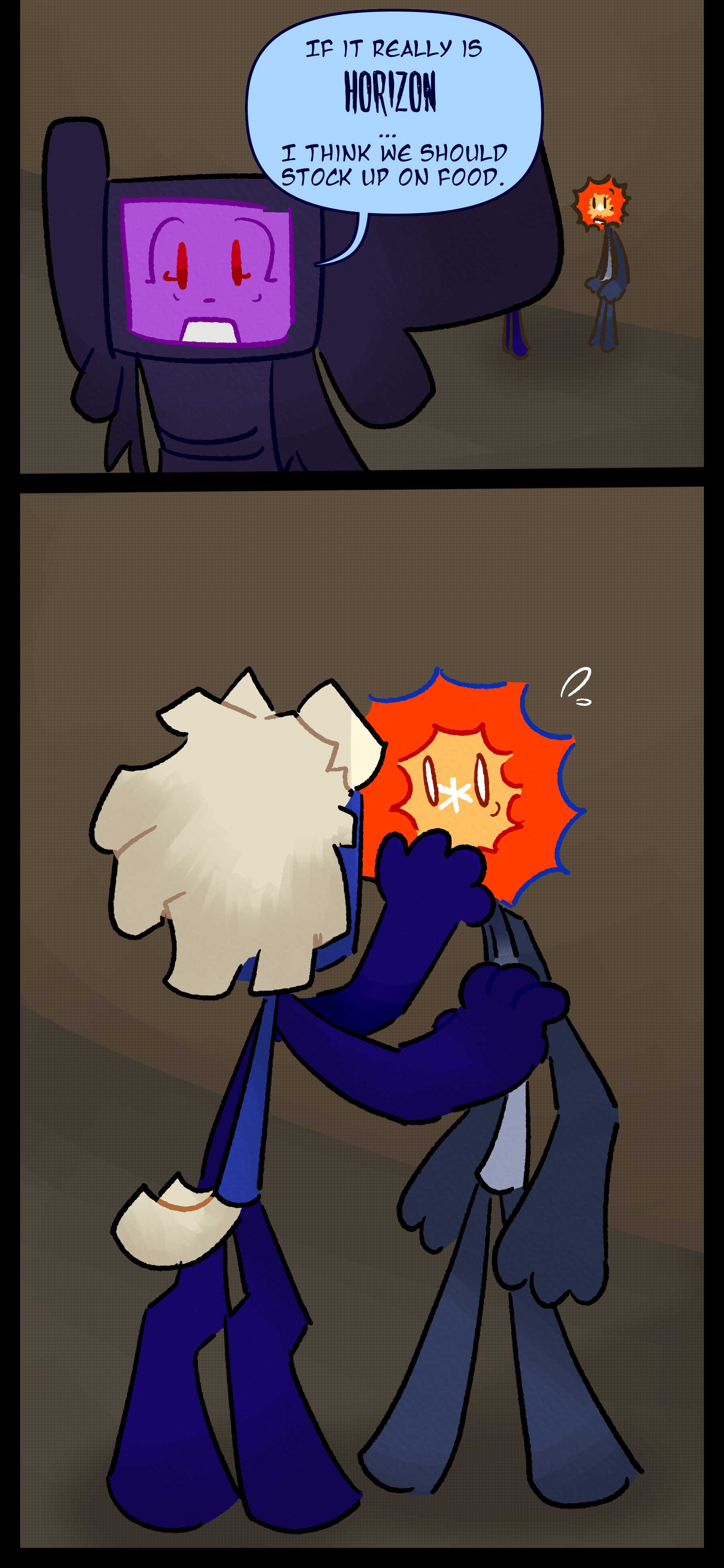 Lydia says "If it really is HORIZON, I think we should stop up on food." An unknown blue and white object grabs Evan and covers his mouth.