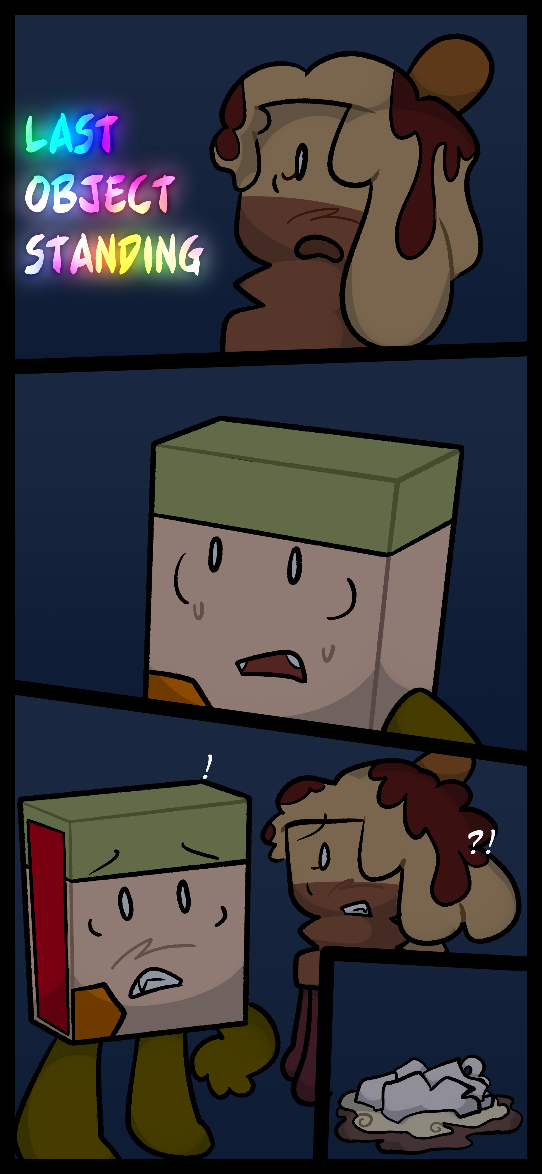 Avery and Lance upon hearing "last object standing" are alarmed and confused. They glance over at Lora's body.