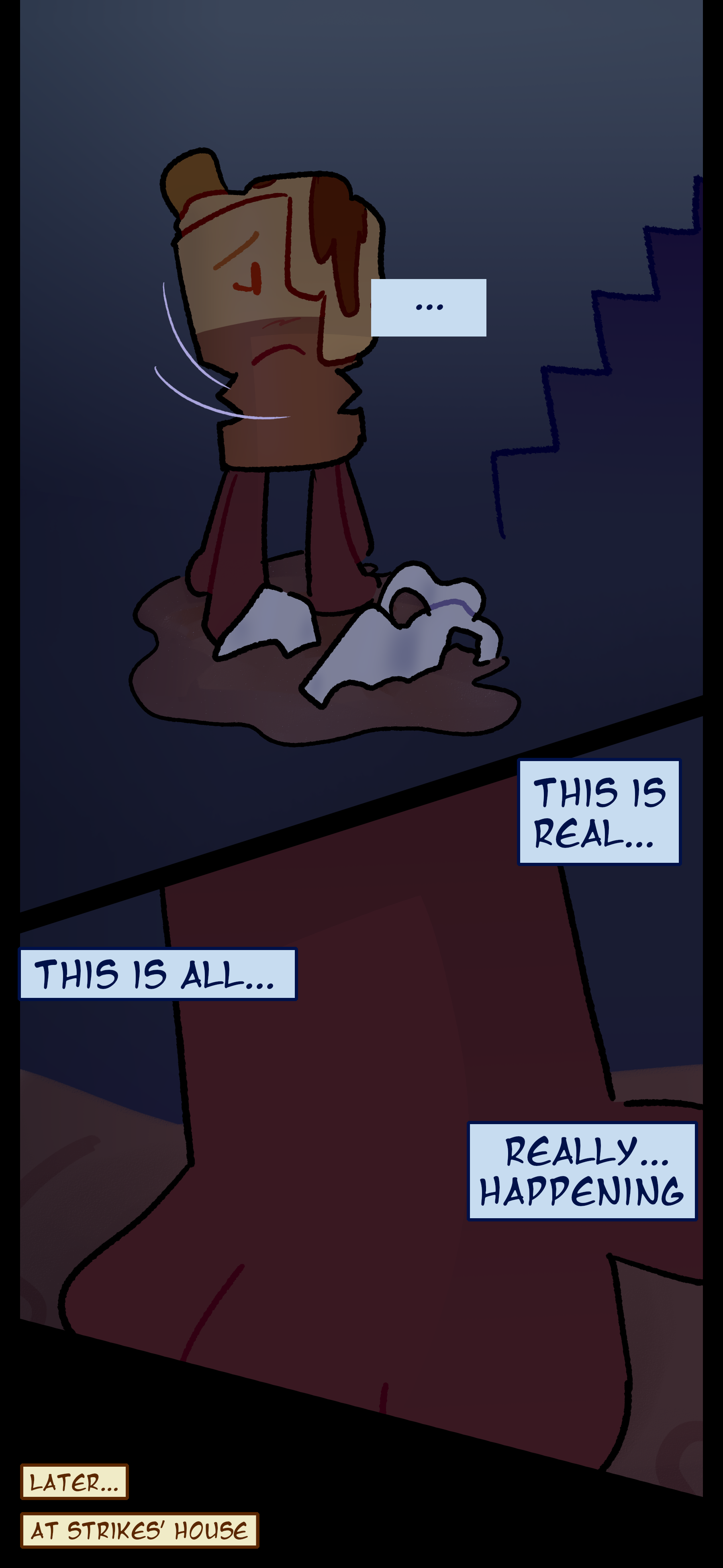 Avery stands over her sister's shattered corpse in silence and thinks "This is real. This is all... really happening." She later goes to Lance's house.