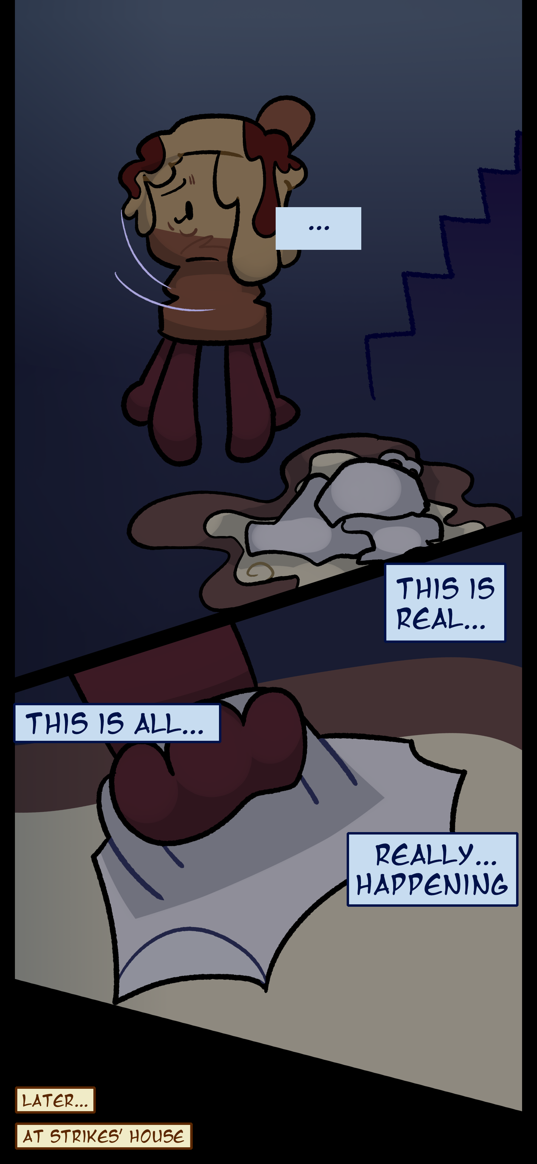 Avery stands over her sister's shattered corpse in silence and thinks "This is real. This is all... really happening." She later goes to Lance's house.