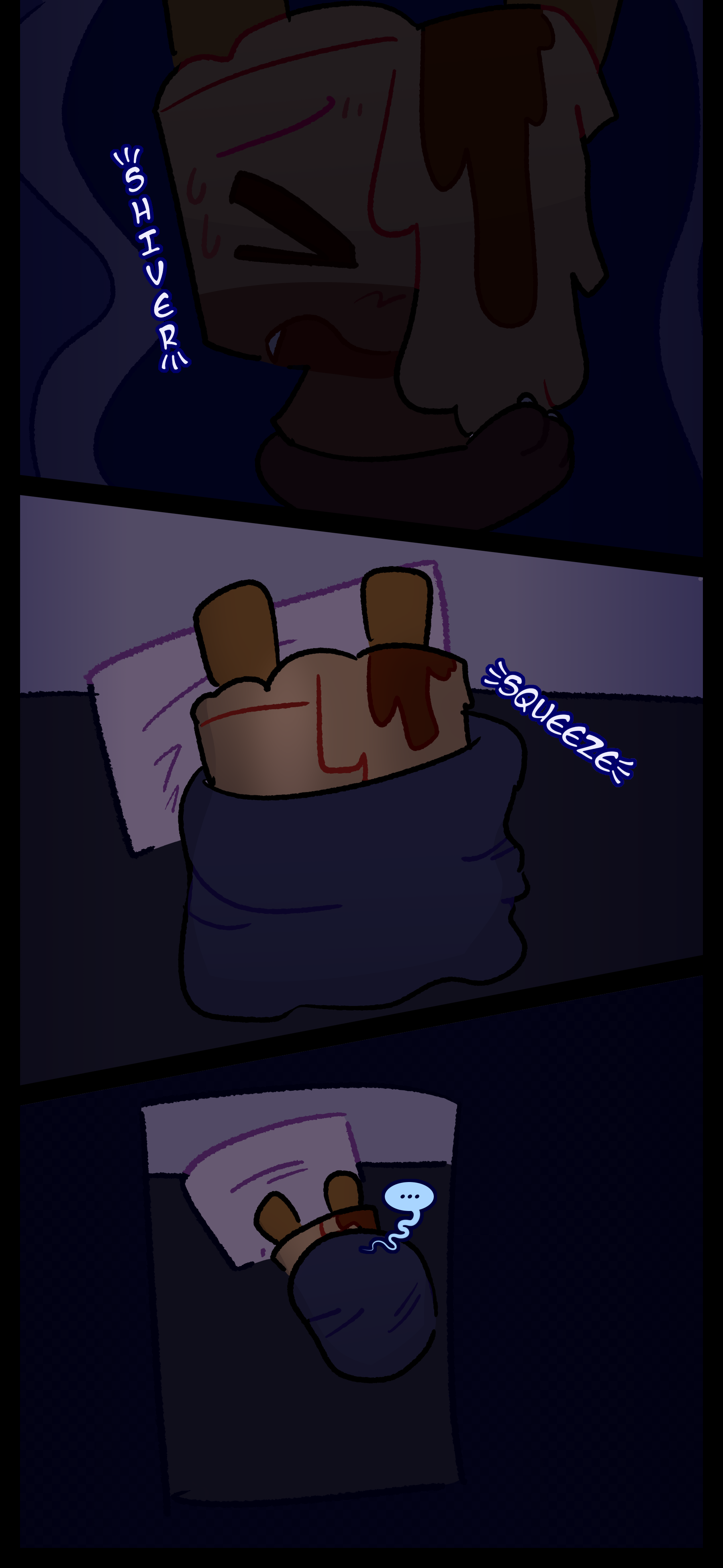 At Lance's house Avery is curled up in a blanket unable to sleep and shivering in distress. She pulls the blanket closer to her and hides away.