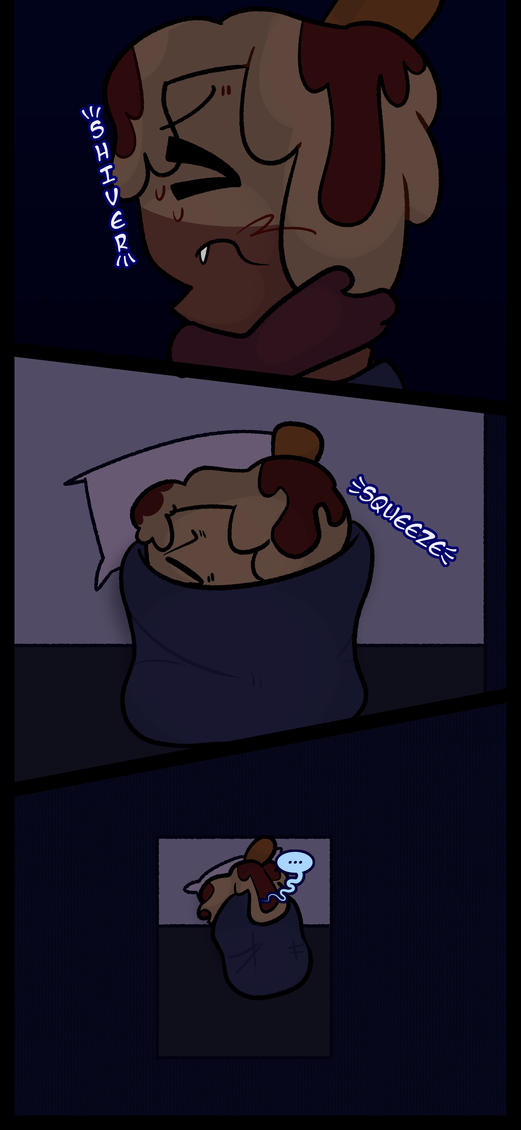 At Lance's house Avery is curled up in a blanket unable to sleep and shivering in distress. She pulls the blanket closer to her and hides away.