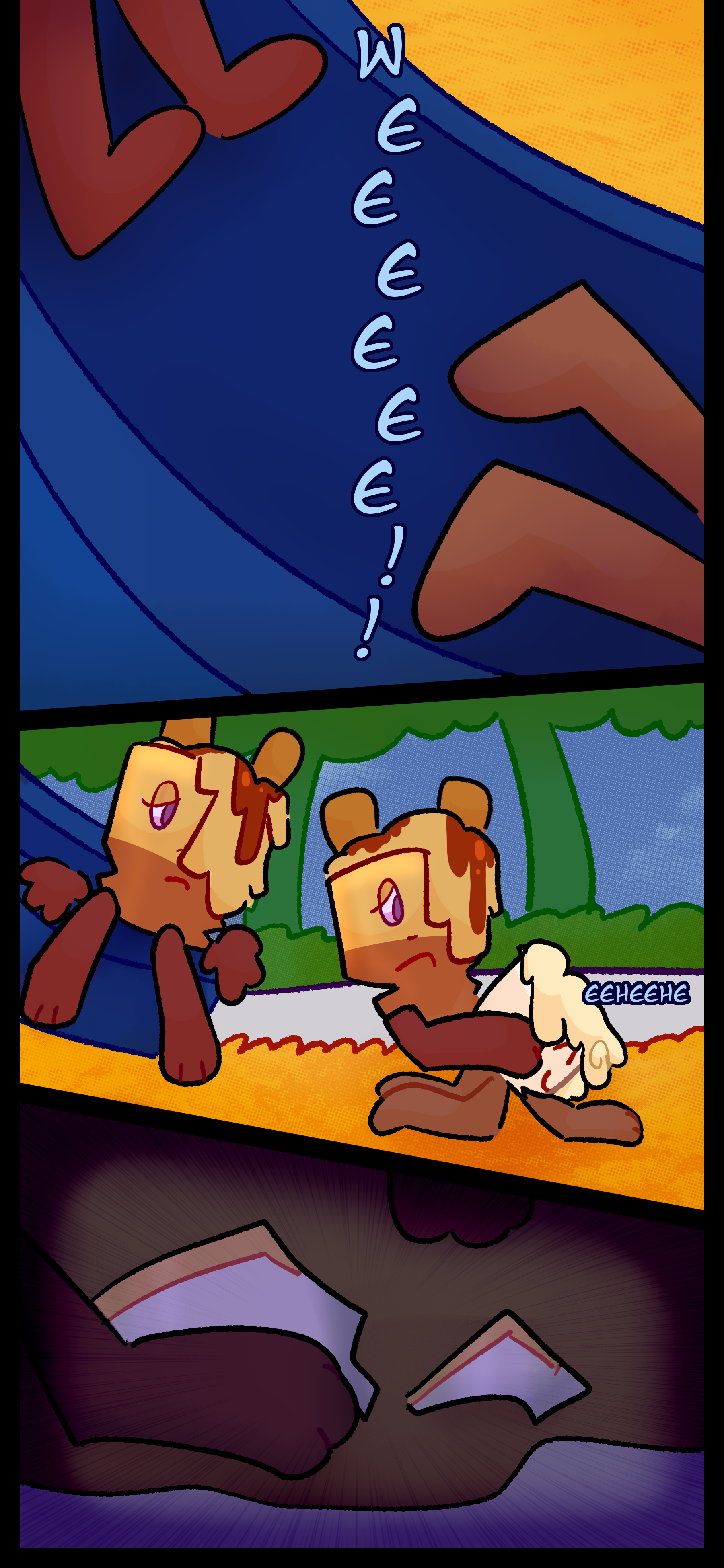 Avery pushes Lora down the slide and Lora yells "Weeeeeee!" Avery scared goess down to check on her sister but Lora is giggling. Avery comes back to reality to see herself over Lora's body again.